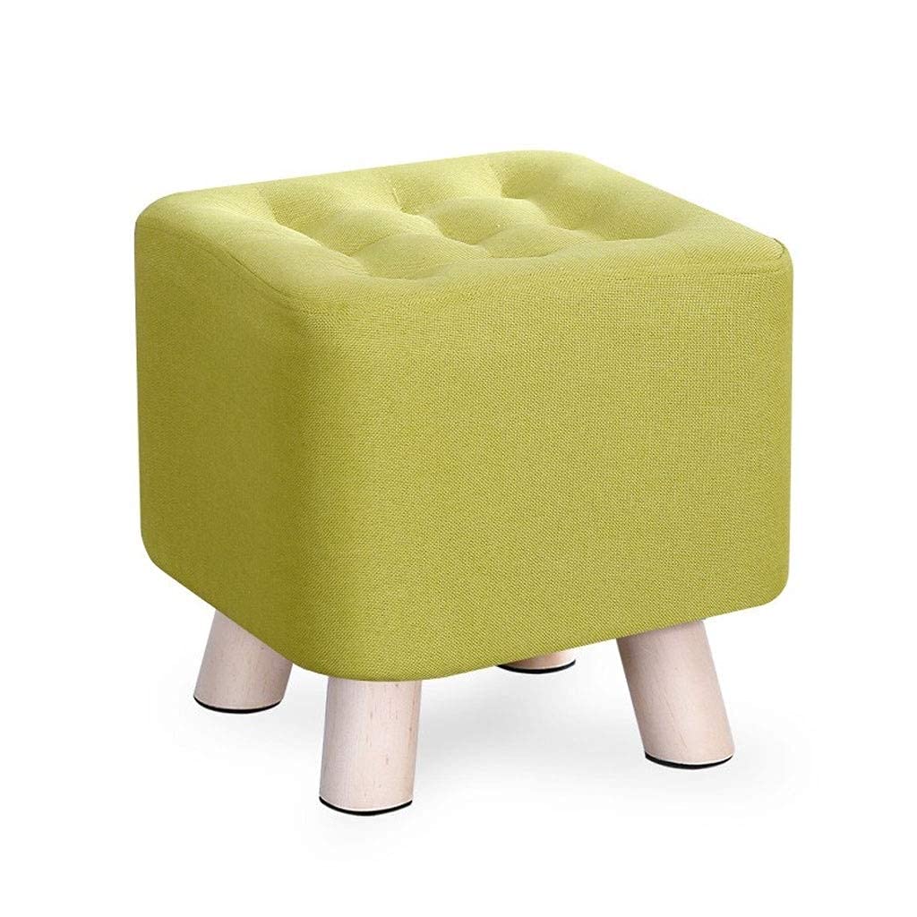 Tabouret de salon repose-pieds en bois massif et tissu coton lin vert premium