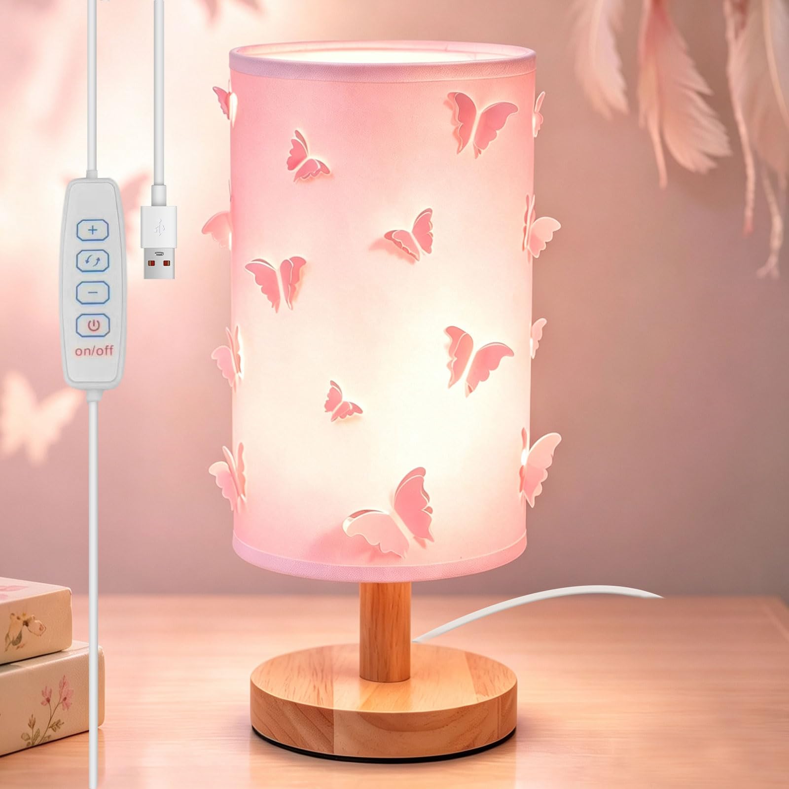 3D Butterfly Lamp - Pink Table Lamp with Wood Base Kids Lamp,3 Color Adjust