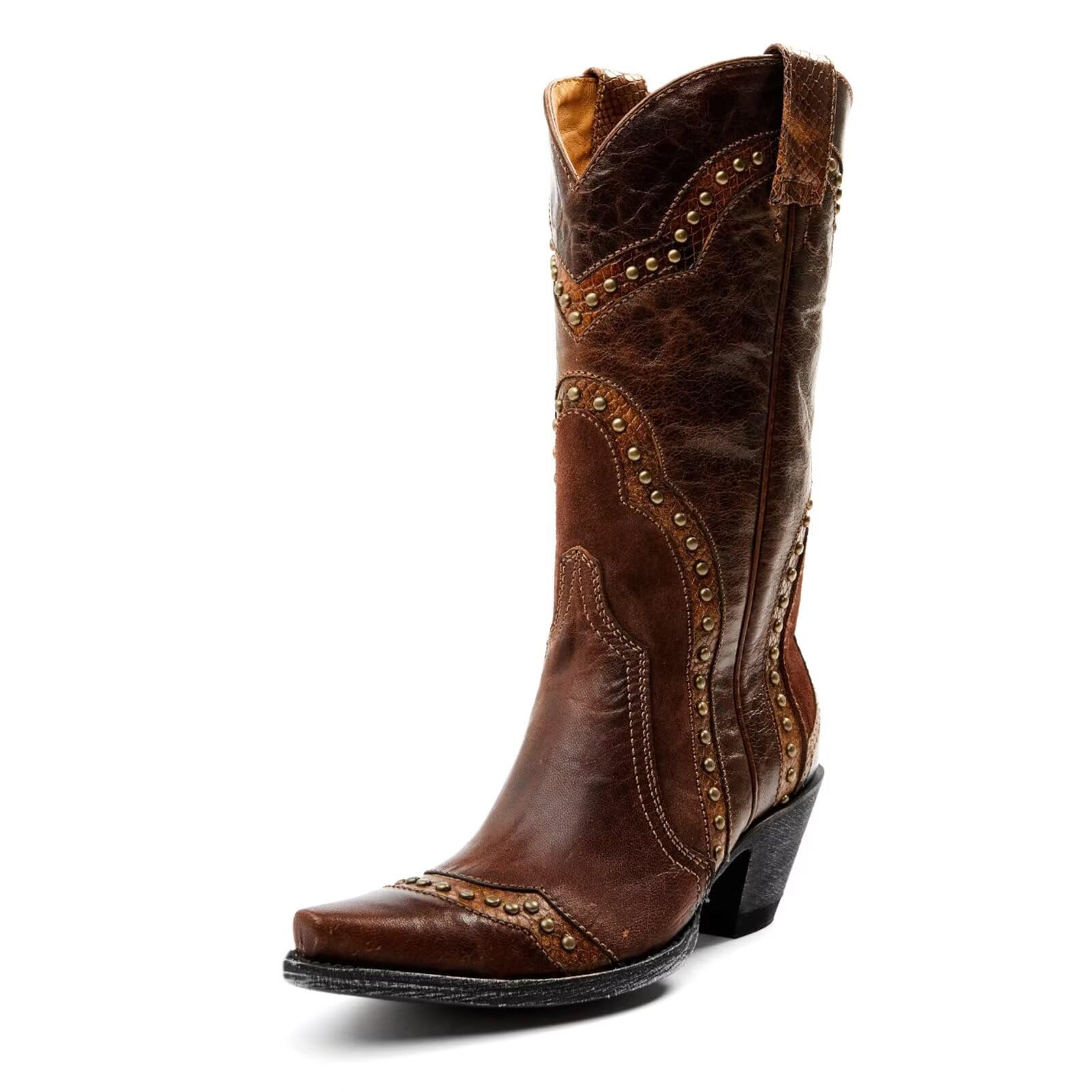 Agodor Brown Cowboy Boots For Women Cowgirl Ladies Mid Calf Boots with Classic Studded Pointed Toe Chunky Heel