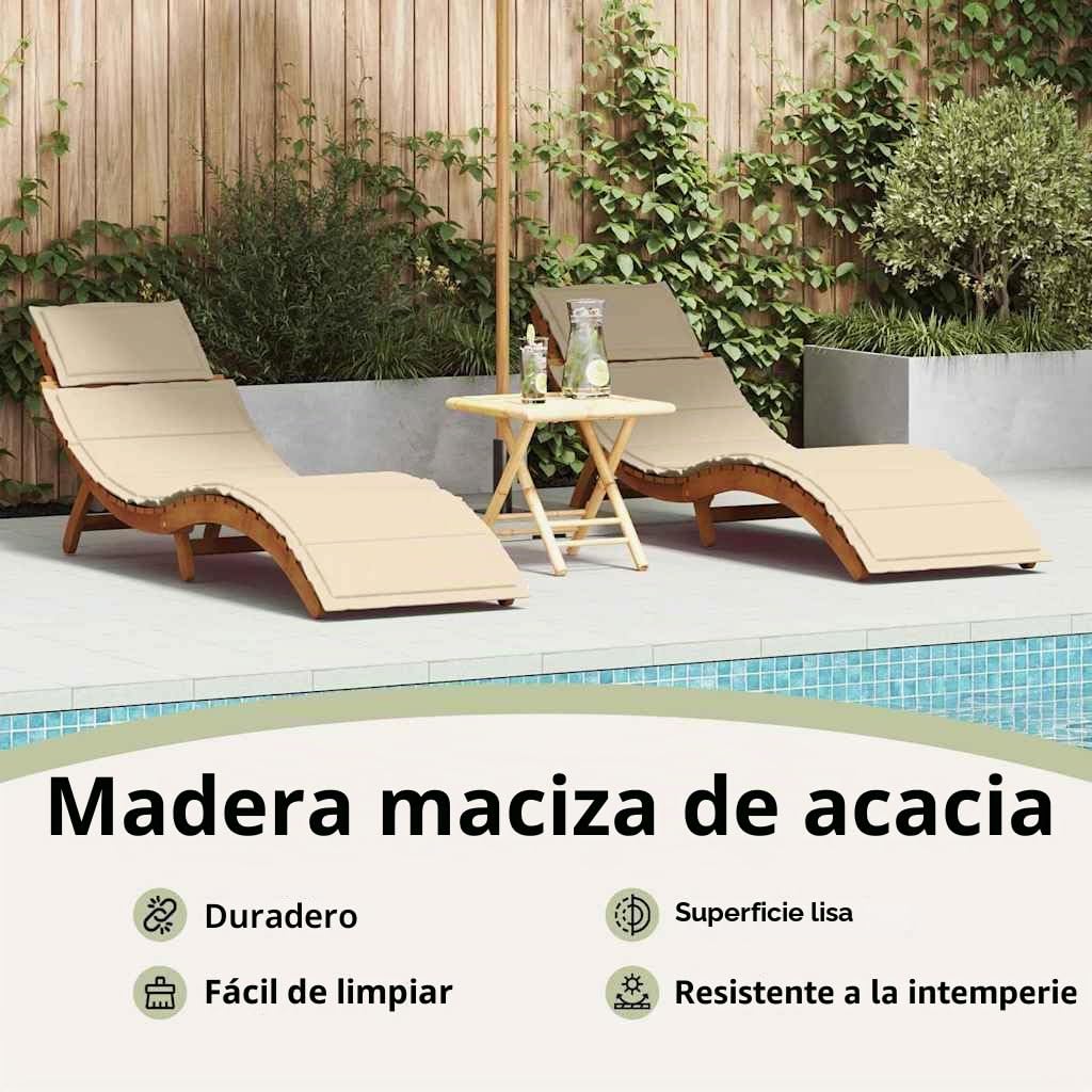 vidaXL Tumbona 2 uds. Madera de Acacia Sólida Beige | Cojines de poliéster suaves para relajarte, Estructura de madera dura y con estilo,