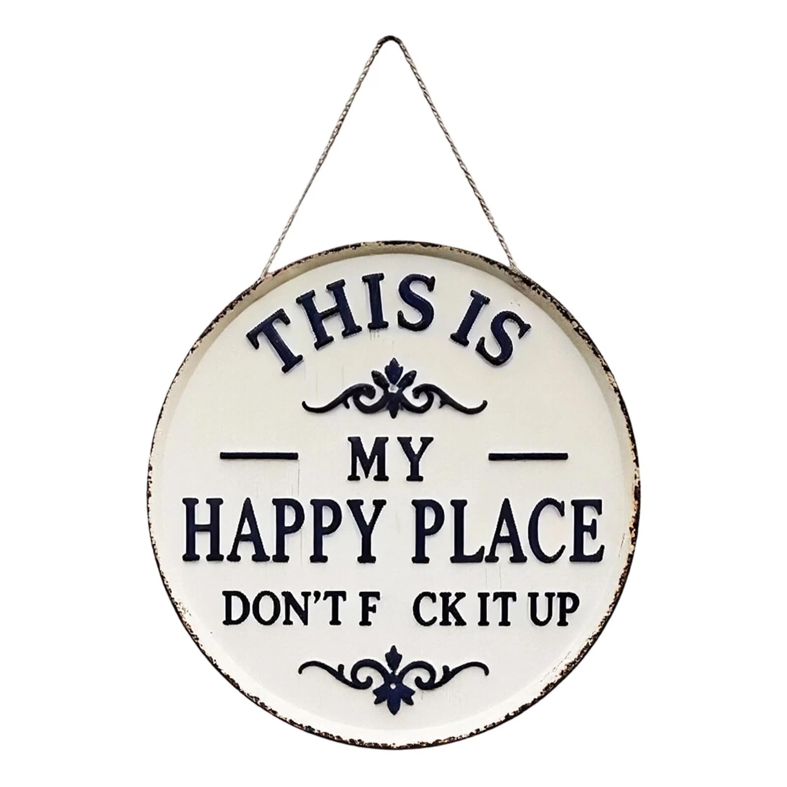 Happy Place Door Sign, “This is My Happy Place Don’t F*ck It Up” Vintage Welcome Metal Sign Round Wall Decor, Funny Rustic Garden Plaque for Front Door Home Kitchen Patio Housewarming Gift (20cm) — view 9