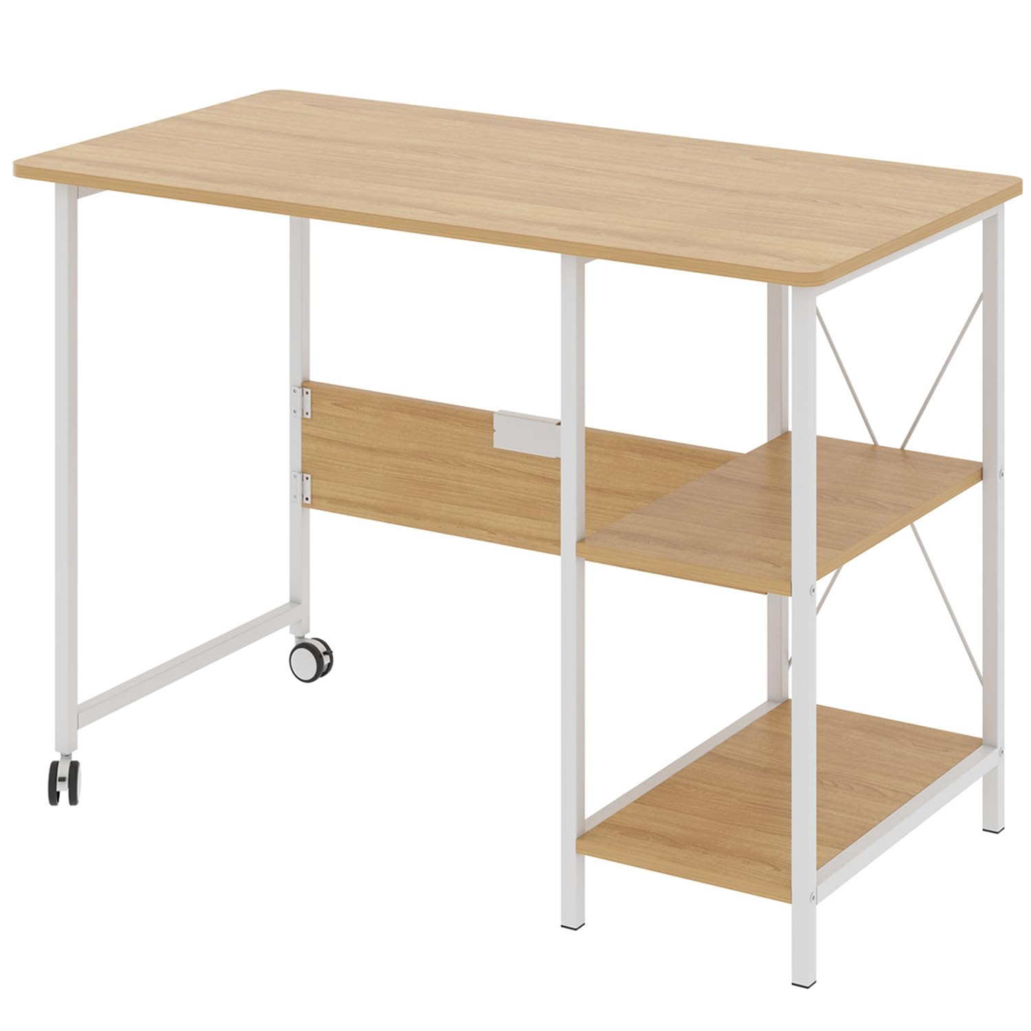 Maclean MC-411 Escritorio Plegable Loft con Tablero y Dos Estantes, Mesa de Trabajo para Ordenador, 2 Ruedas, Carga máx. 150 kg, Dimensiones: 107x45x75 cm (Haya)