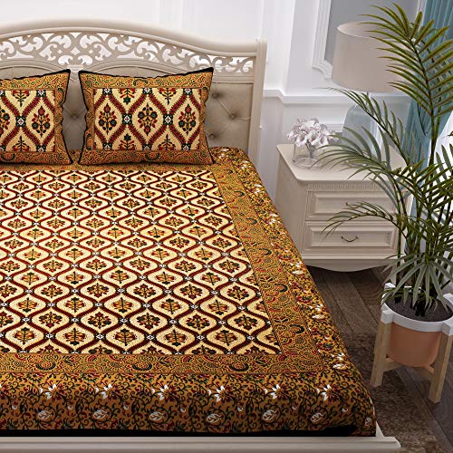 Image of Story@Home 100% Cotton Bedsheet for Double Bed with 2 Pillow Covers|90x108 Inch Abstract Floral Mustard and Red