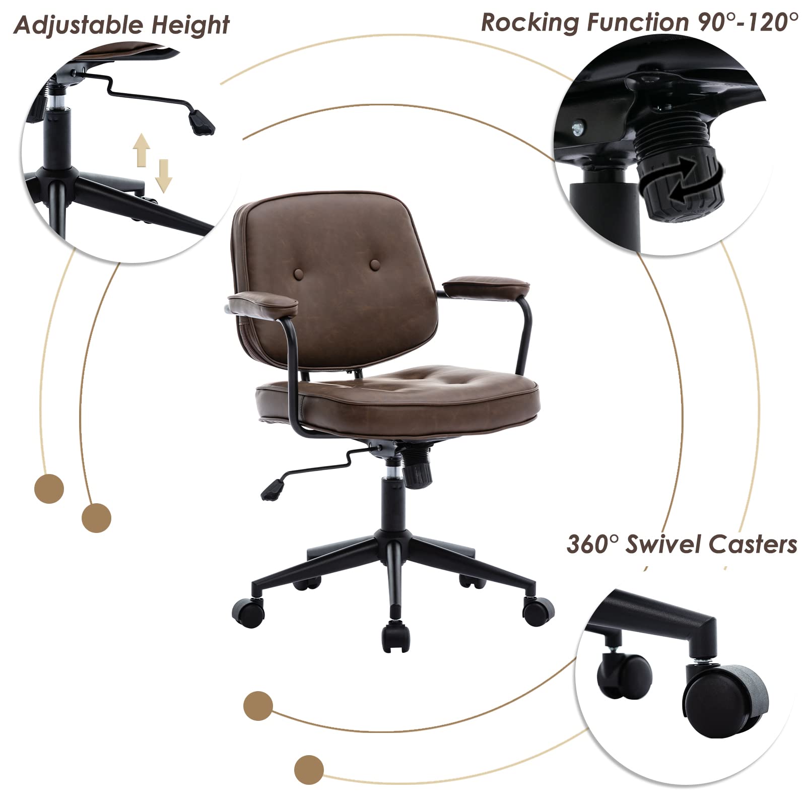 chairus Chaise de Bureau Ergonomique avec roulettes, Chaise Pivotante en Cuir PU pour Chambre, Fauteuil de Bureau Hauteur Réglable, Marron