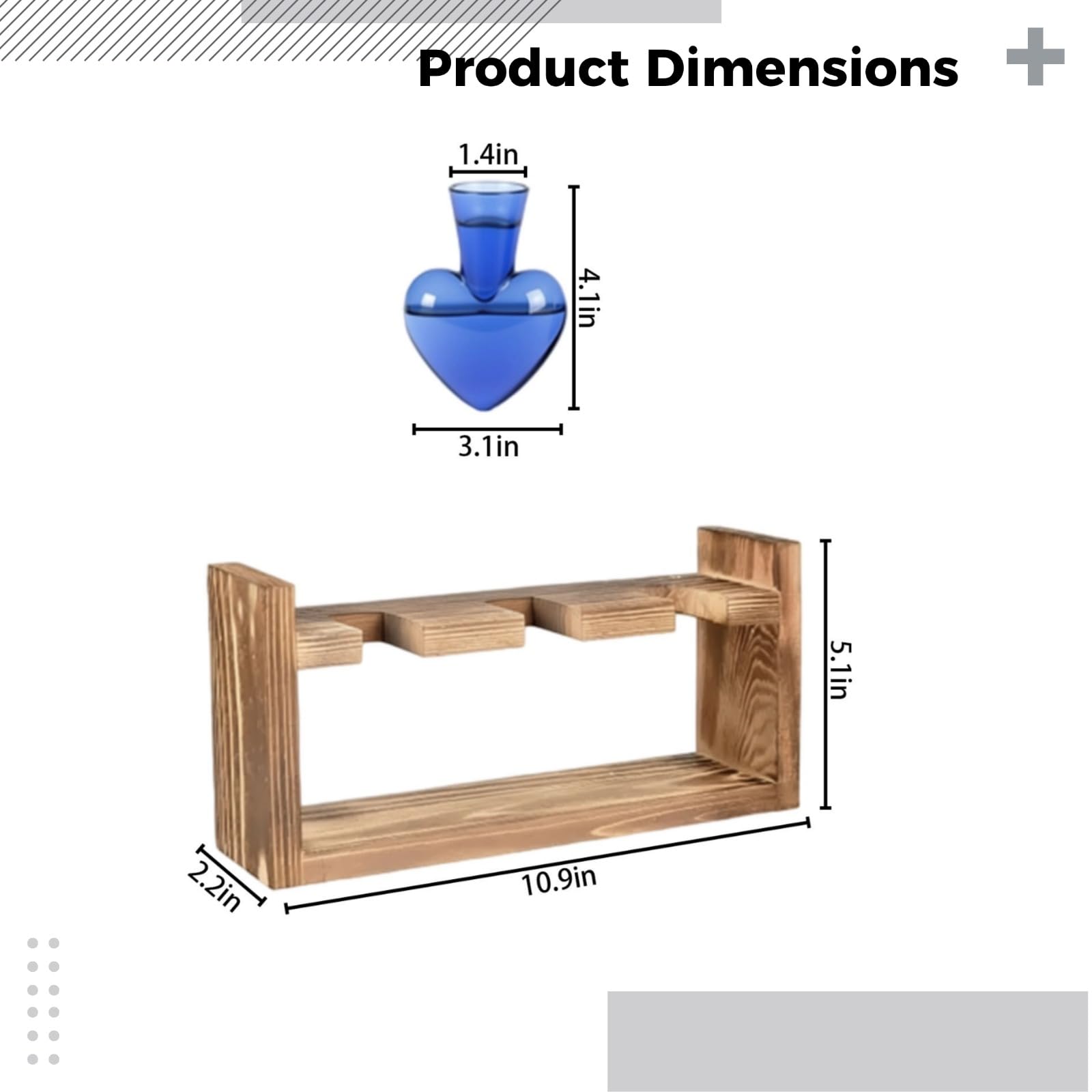 Lot de 3 vases en verre bleu en forme de cœur avec support en bois, stations de propagation pour plantes hydroponiques, centre de table pour décoration d'intérieur, cadeau romantique