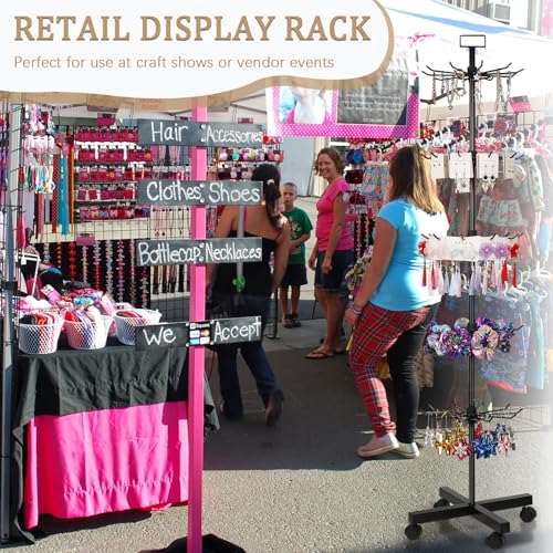 Image of 5-Tier Metal Spinning Display Stand Rack with Wheels, Black Iron, 50 Hooks, Lockable Wheels, Ideal for Jewelry, Accessories, Foods