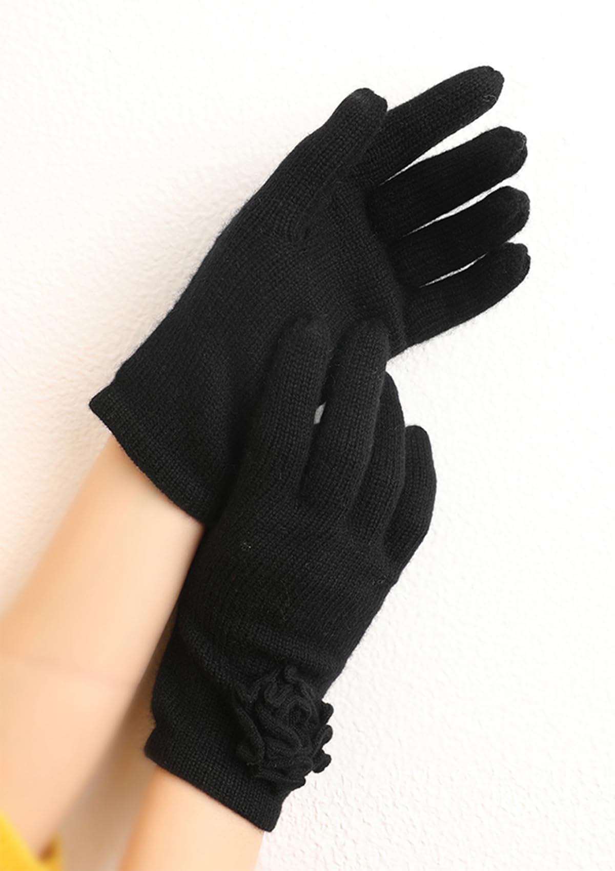 Mujer Conjunto de Gorro Beanie y Guantes de Punto, 100% Cachemira Suave Cálido Sombrero Tejido y Manopla de Dedos Completo con Flor de Ganchillo Hecho a Mano, Invierno 2 en 1 Conjunto Regalo