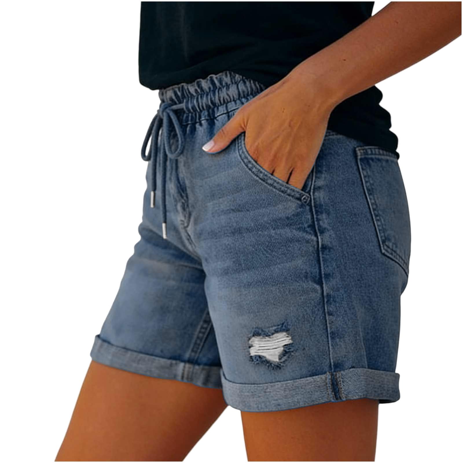 Shorts Vaqueros para Mujer, Cintura Elástica con Cordón, Estilo Casual, Dobladillo Enrollado, Pantalones Cortos Vaqueros Rotos Anchos con Cintura Alta Verano Casual Bermudas Shorts Jeans