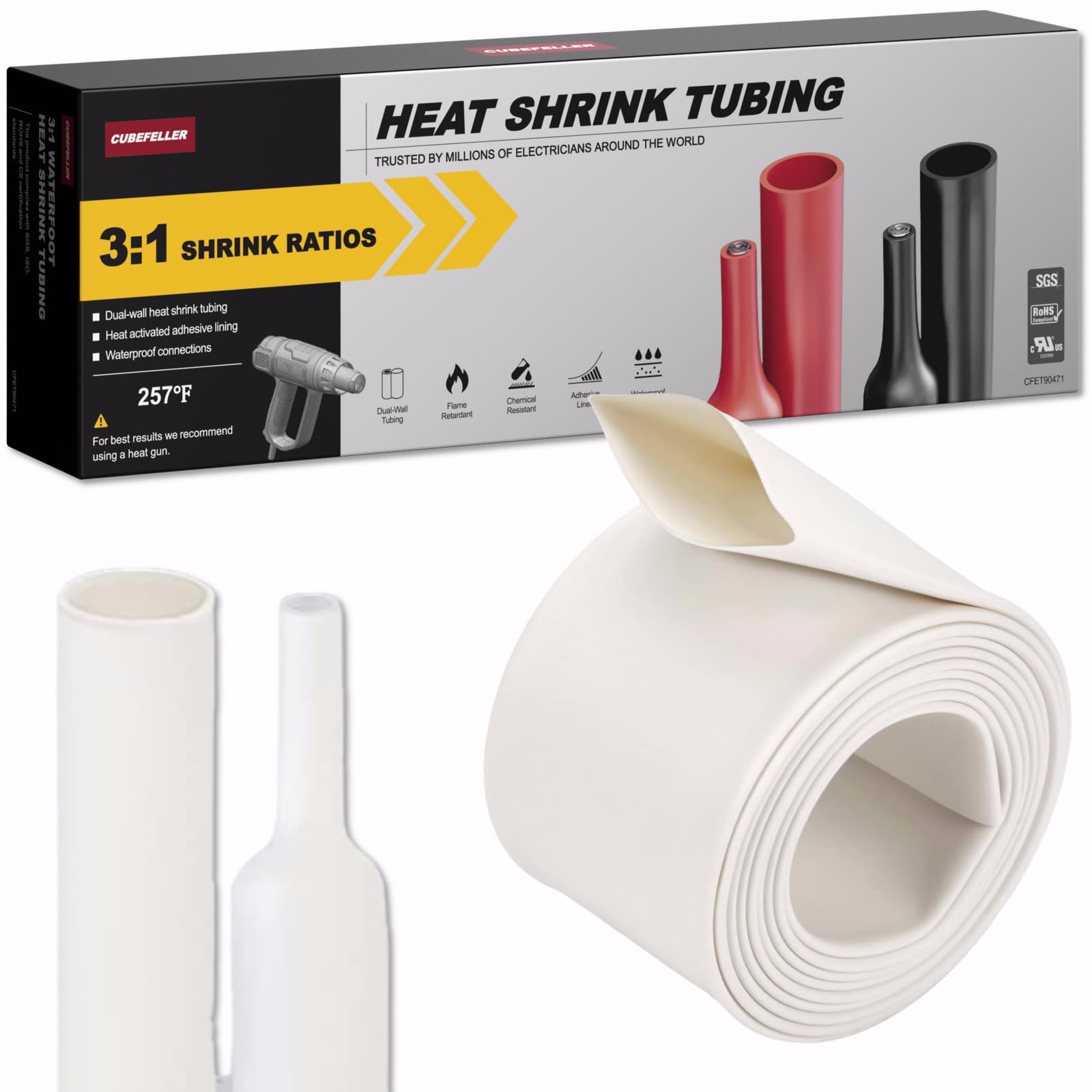 CUBEFELLER® 3:1 Ratio 3/4 Inch (19.1mm) White Heat Shrink Tubing - 4ft (1.22M Total Length), Marine Grade Waterproof Adhesive Lined, Insulation Sealing Oil-Proof Wear-Resistant,ET0419W