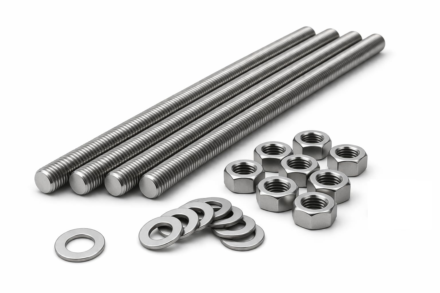 Lot de 4 tiges filetées M8 x 1 000 mm, acier inoxydable A2, filetage métrique complet DIN 975, comprend 8 rondelles inox DIN 125 et 8 écrous inox DIN 934