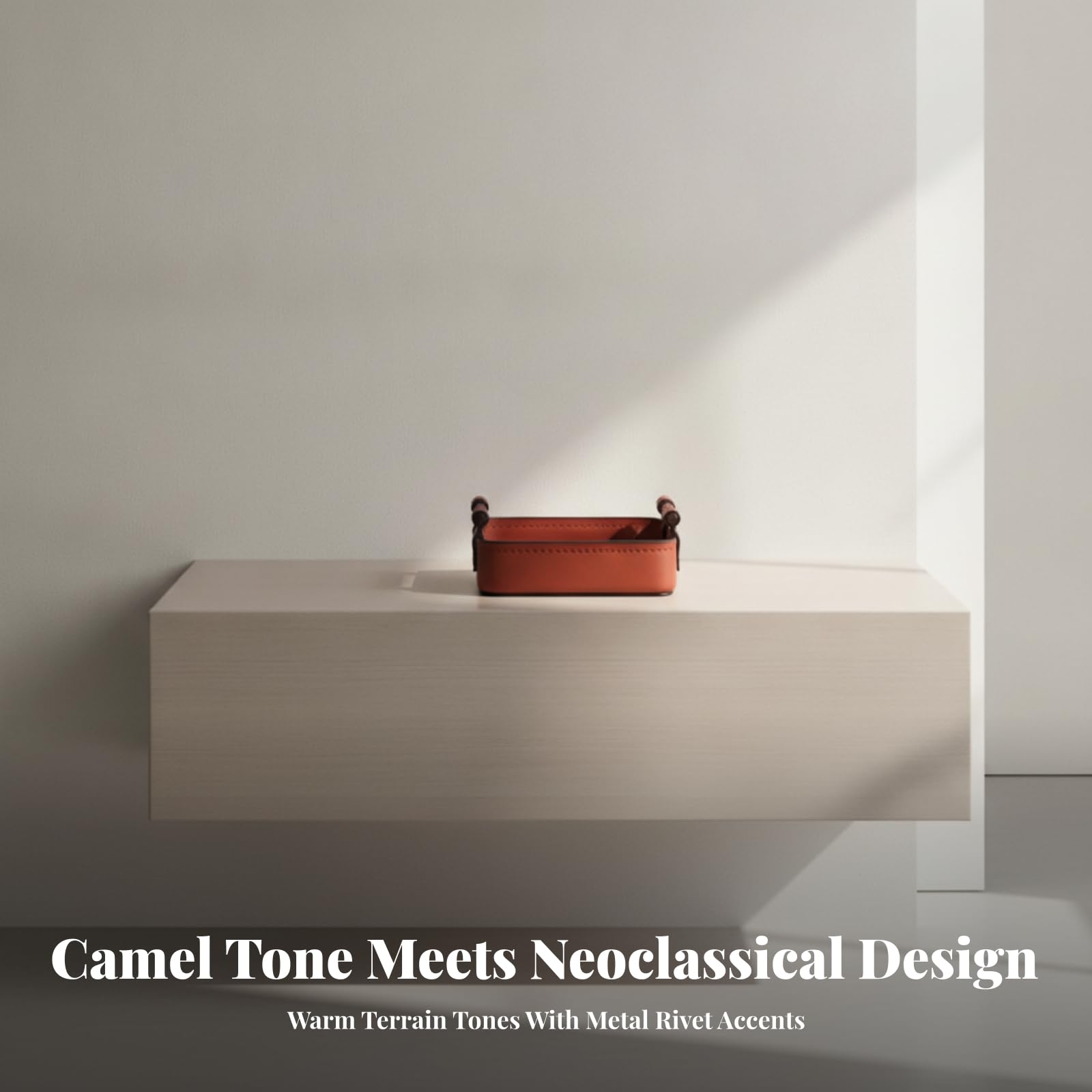 Organizador de mesita de noche resistente, tamaño compacto que ahorra espacio, bandeja de almacenamiento de piel sintética con asas de madera, diseño abierto, bandeja organizadora rectangular