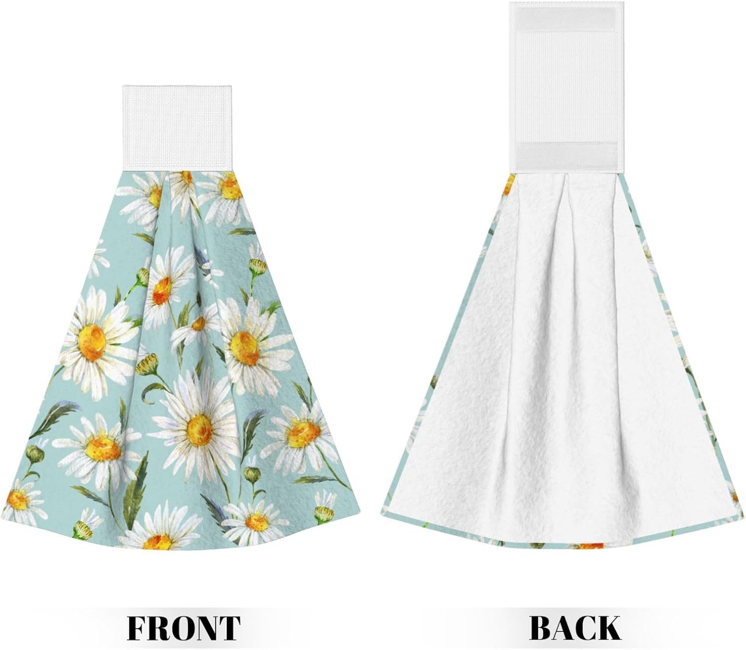 2Pcs Rustic White Daisy Flower Kitchen Hand Towels Watercolor Floral Hanging Tie Towels with Loop & Hook Soft Vintage Flowers Teal Dishcloths for Bathroom Washroom Guestroom Hotel image 2