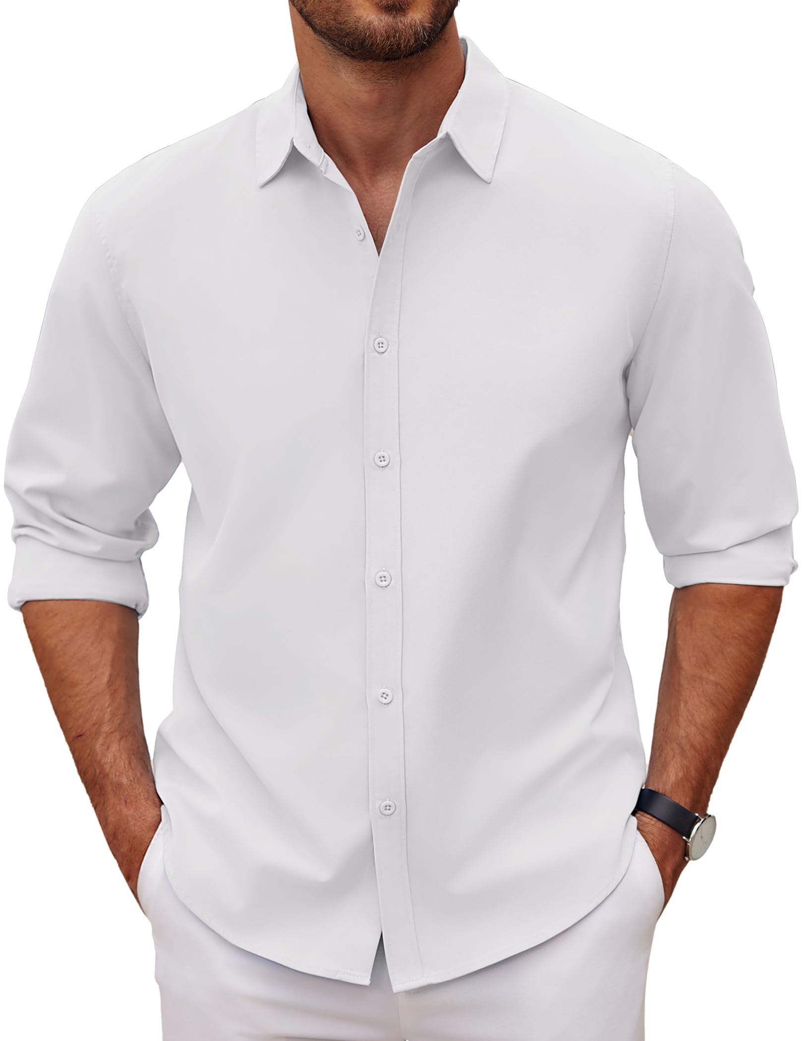 COOFANDY Camicia da uomo a maniche lunghe con bottoni, stile casual, da spiaggia, per matrimoni