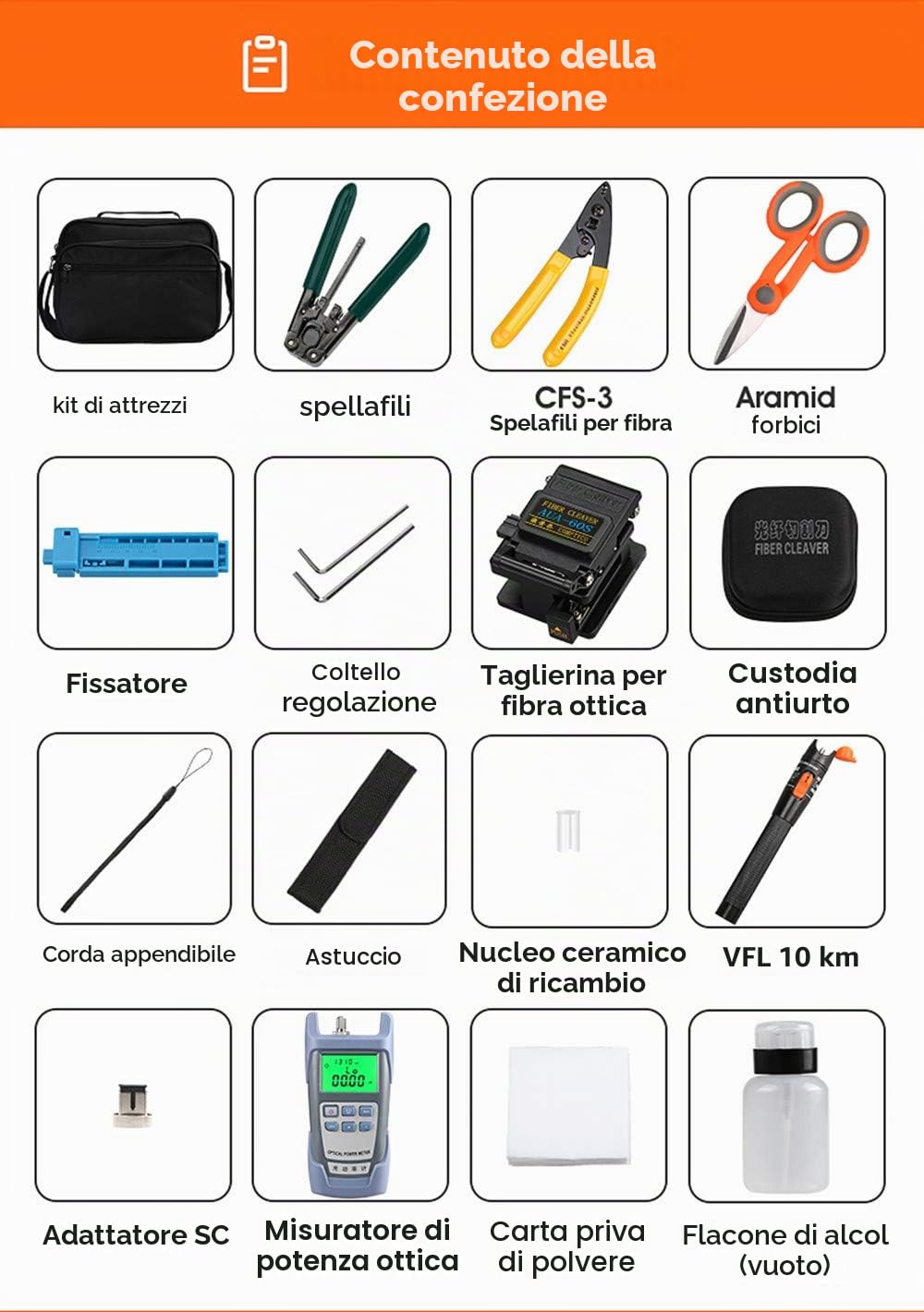 Osairous 16 pz/kit Strumenti in fibra FTTH con Fotometro a fibra ottica, Mannaia in fibra ottica AUA-60S, 10MW Localizzatore visivo di guasti a 10 km
