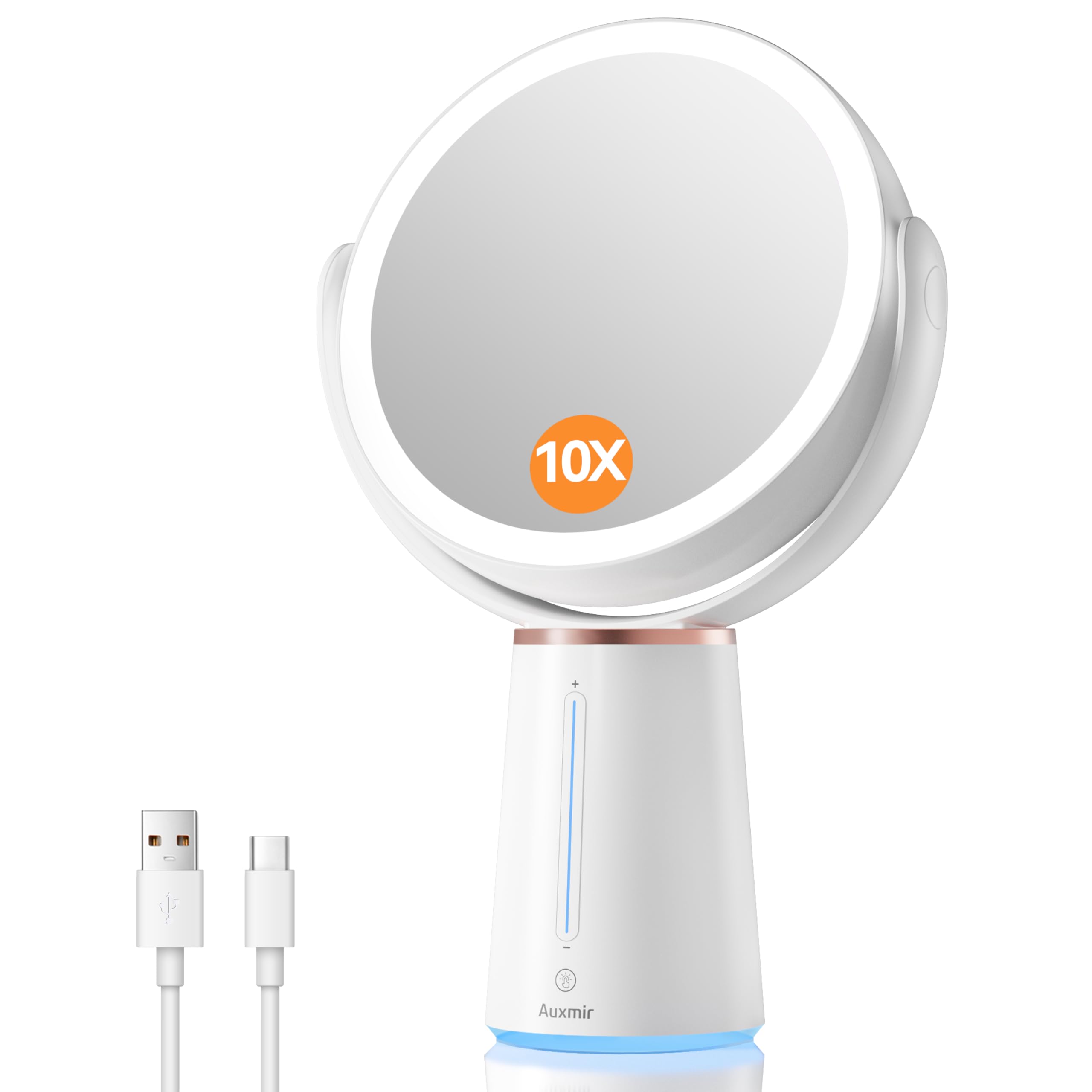 Auxmir Espejo Maquillaje con Luz LED, Aumento 10X/1X Doble Cara 360 Giratorio, Recargable 2500 mAh con USB, 10 Niveles de Brillo Ajustables, Táctil Sobremesa para Afeitado Depilación Cejas Baño