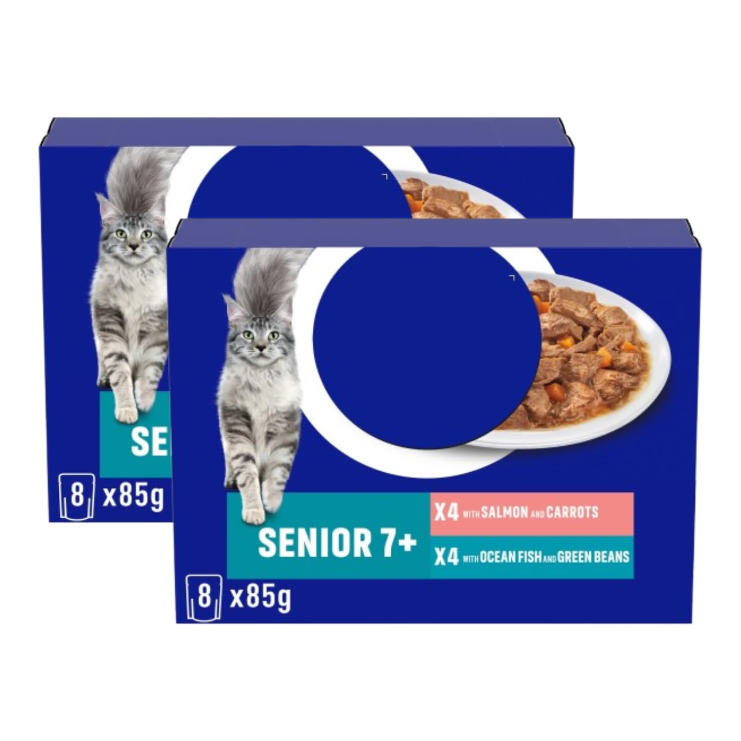 Wet Senior Cat Food Salmon & Ocean Fish 8x85g - Pack of 2 - Enjoyable Mini Fillets in Gravy - Supports Natural Defences, Urinary Health, Heart Function in Senior Cats