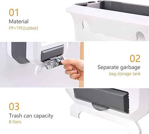 Miniatura 7 de AVAC Cubo de basura colgante para cocina, pequeño cubo de basura plegable de plástico para gabinetecochedormitoriobañococinaoficinapapelera