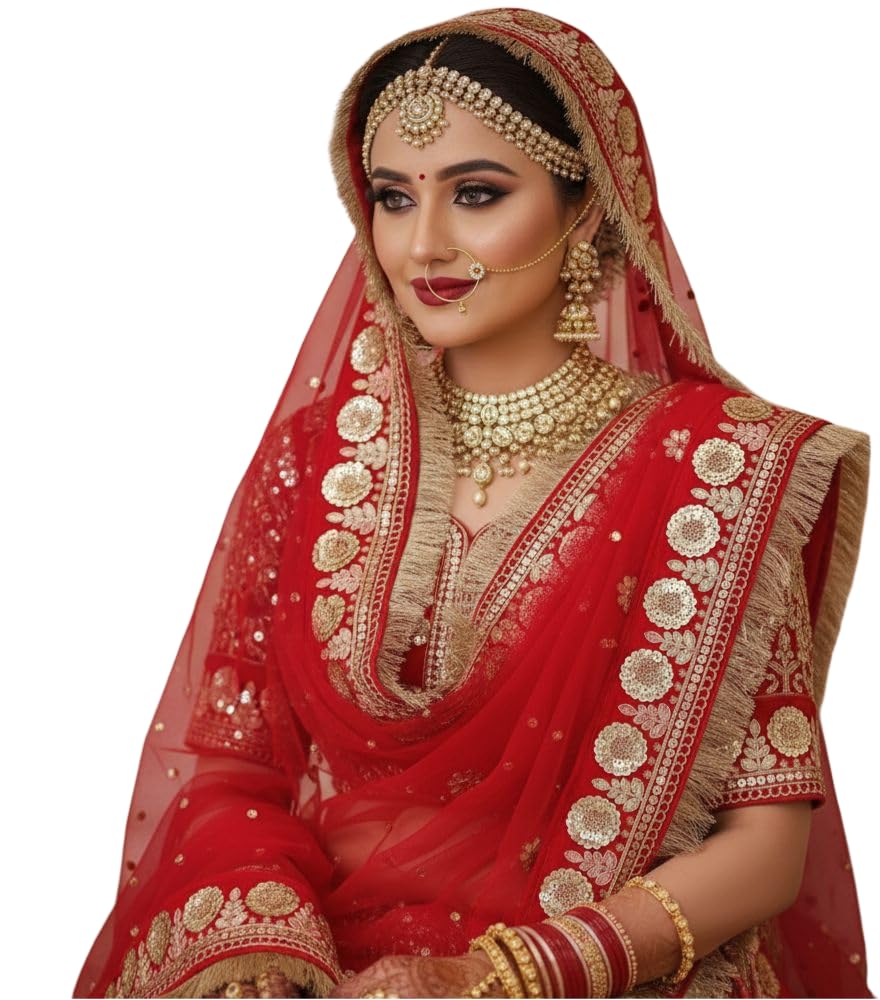 Wedding Bridal Net Dupatta With New Multicolored Embroidery Border With Kiran Frill (Stone work, 2.25m)