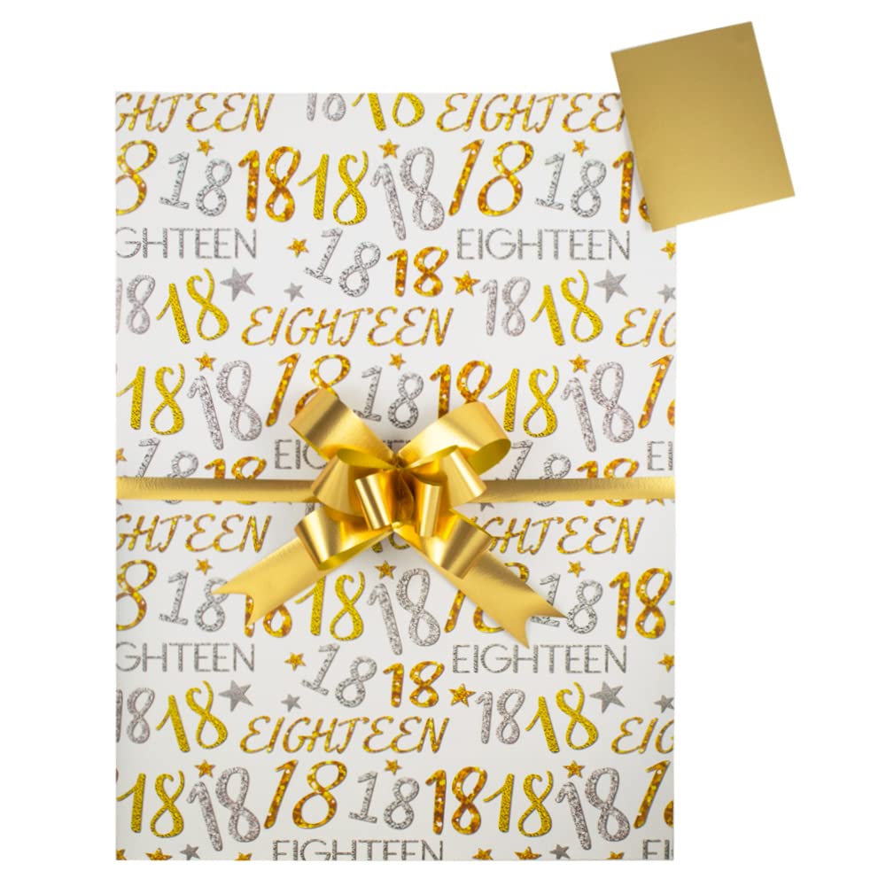 Giftwrap 18th Birthday Gift Wrap Pack, 2 Sheets Wrapping Paper, 2 Gold Tags and 2 Gold Pull Bows, Packaged in an A4 Boarded Envelope for Protection. Male Female Eighteen Gift Present, Gold,Silver
