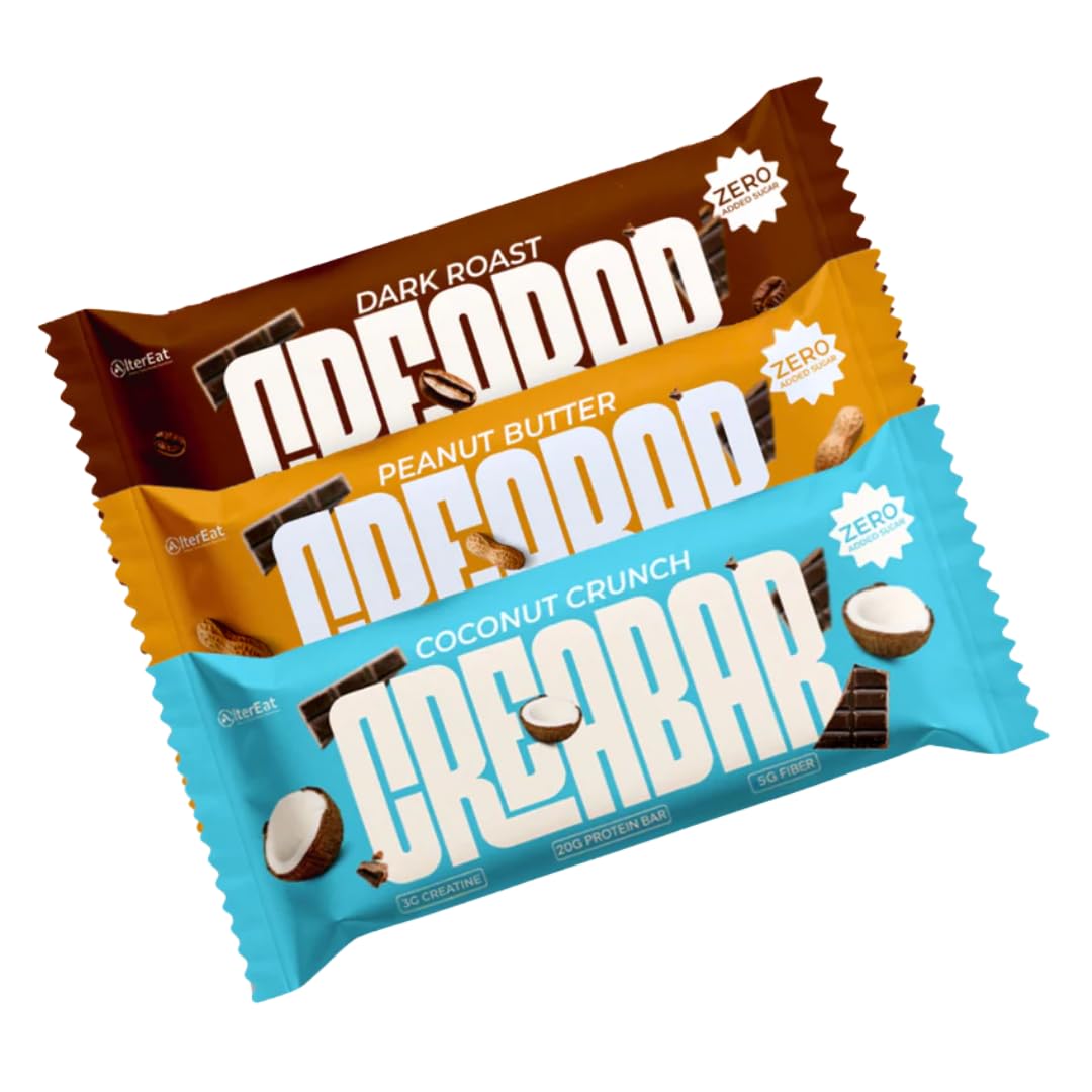 Alter Eat Creabar - Trial Box (Pack of 3) | Peanut Butter Coconut Crunch Dark Roast Sampler | Mixed Flavour Protein Snack Bars | 1000GM-image-13