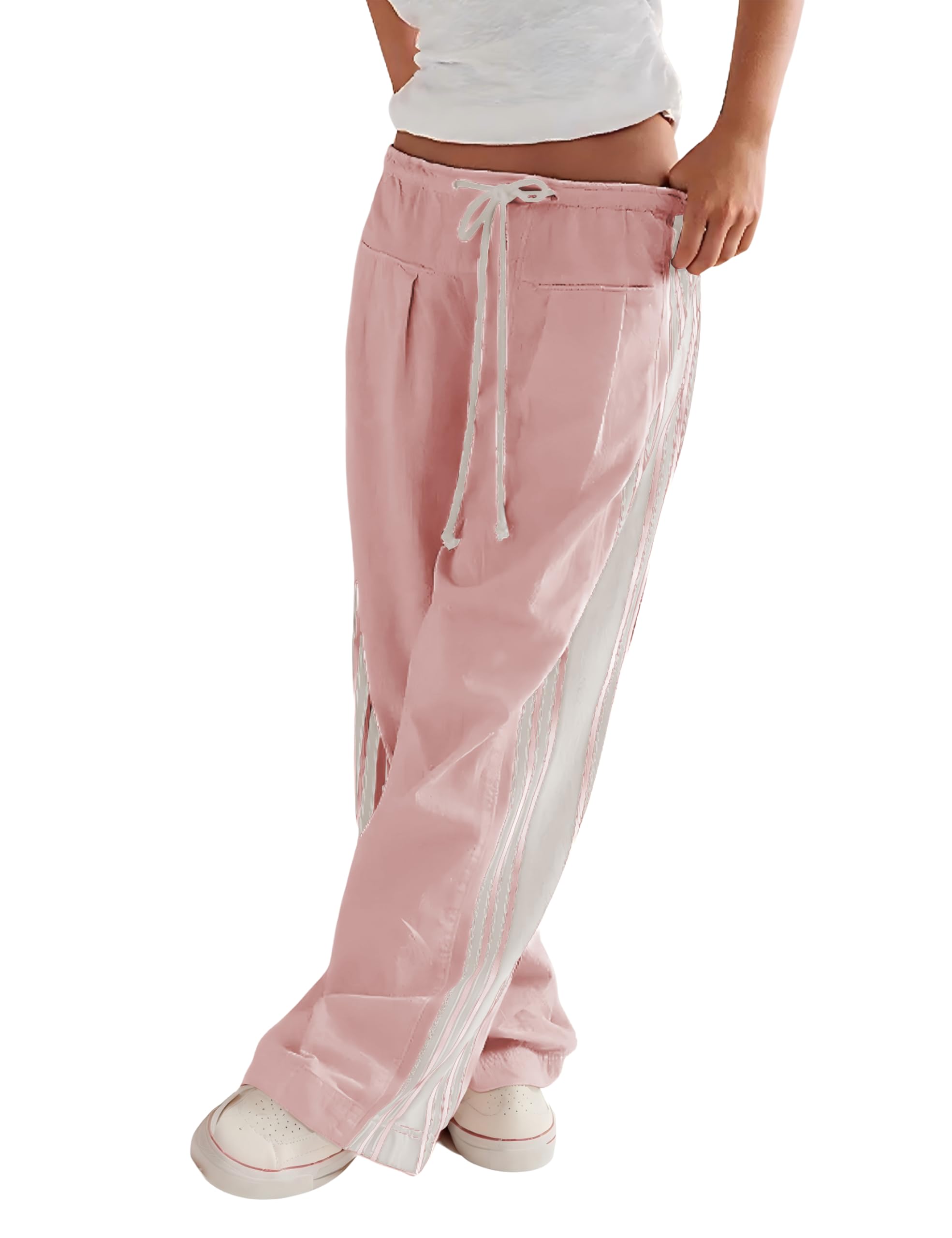 Hongsui Womens Wide Leg Pants Drawstring High Rise Side Striped Slouchy Palazzo Pants with Pockets