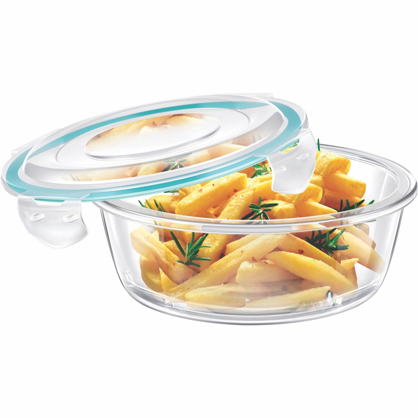 Signora Ware Lock N Store Borosilicate Glass Round Container | Microwave & Dishwasher Safe | Heat Resistant | Air tight & Spill Proof | Storing leftover | Best for Baking & Serving (620 ml | Clear)