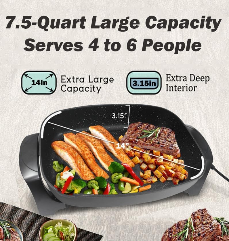 Miniatura 2 de Sartén eléctrica antiadherente extra profunda con tapa ventilada de vidrio sirve de 4 a 6 personas 75 cuartos de galón