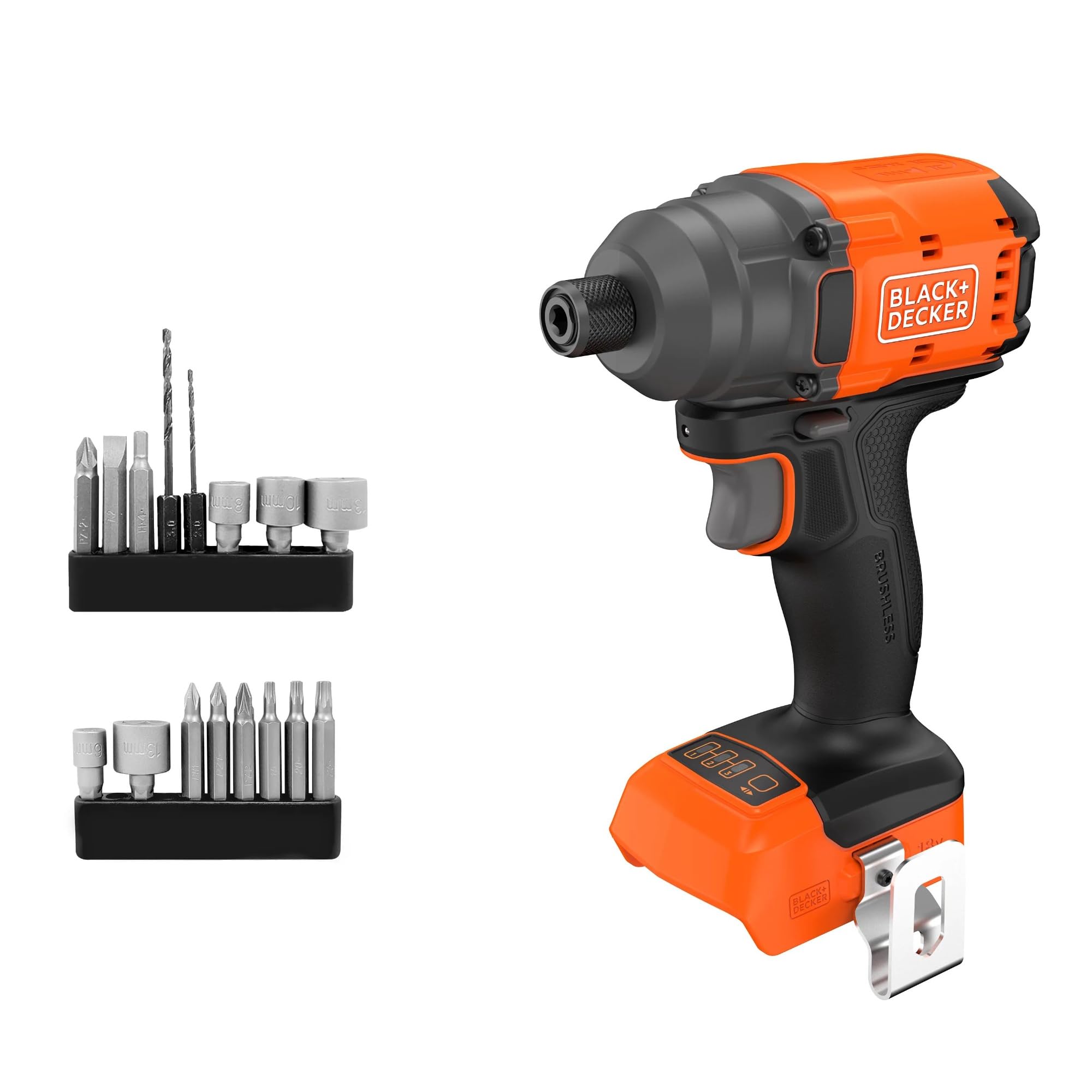 BLACK+DECKER Destornillador de impacto sin escobillas, unidad desnuda llave de impacto inalámbrica y 20 brocas, sin batería ni cargador, BLIM78NZ-XJ