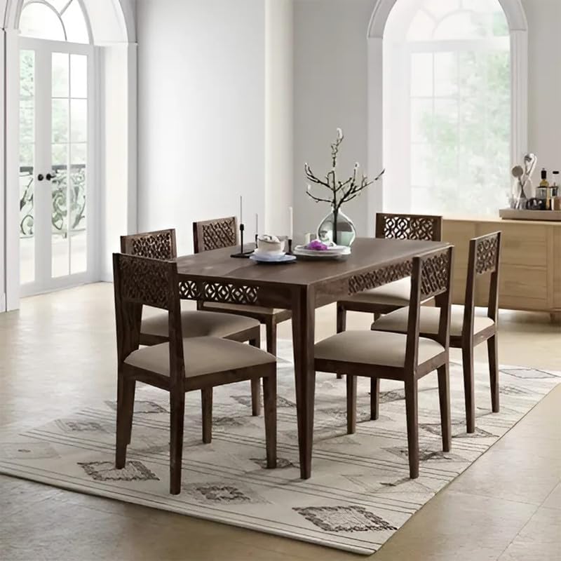 Image of Solid Sheesham Wood Dining Table Set with Chairs | Brown Modern Decorative Dining Set for Home /Office /Dining Room /Hotels | Walnut 6 Seater CNC