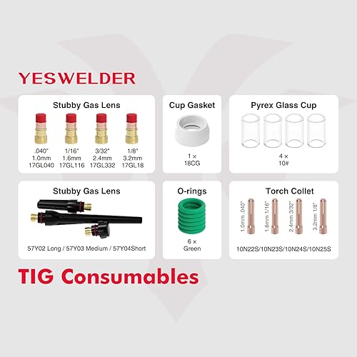 Miniatura 2 de YESWELDER 22 unids tig soldadura antorcha Stubby Gas Lens #10 Pyrex vidrio taza kit para WP-171826