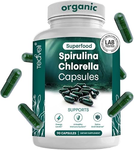 Cápsulas orgánicas de espirulina y clorella, píldoras de clorofila y algas verdes azules para apoyar una potente desintoxicación, energía y un