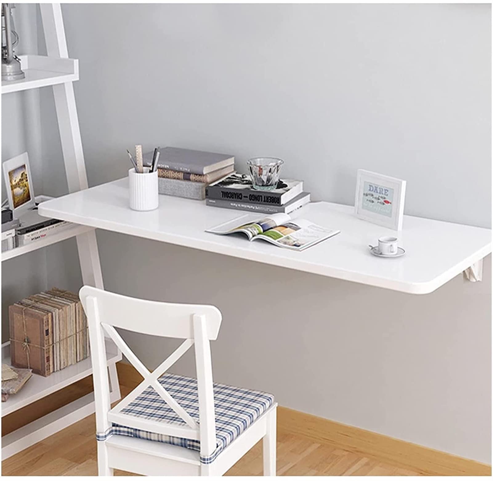 Table murale flottante pliante blanche, table à manger à abattant et bureau gain de place