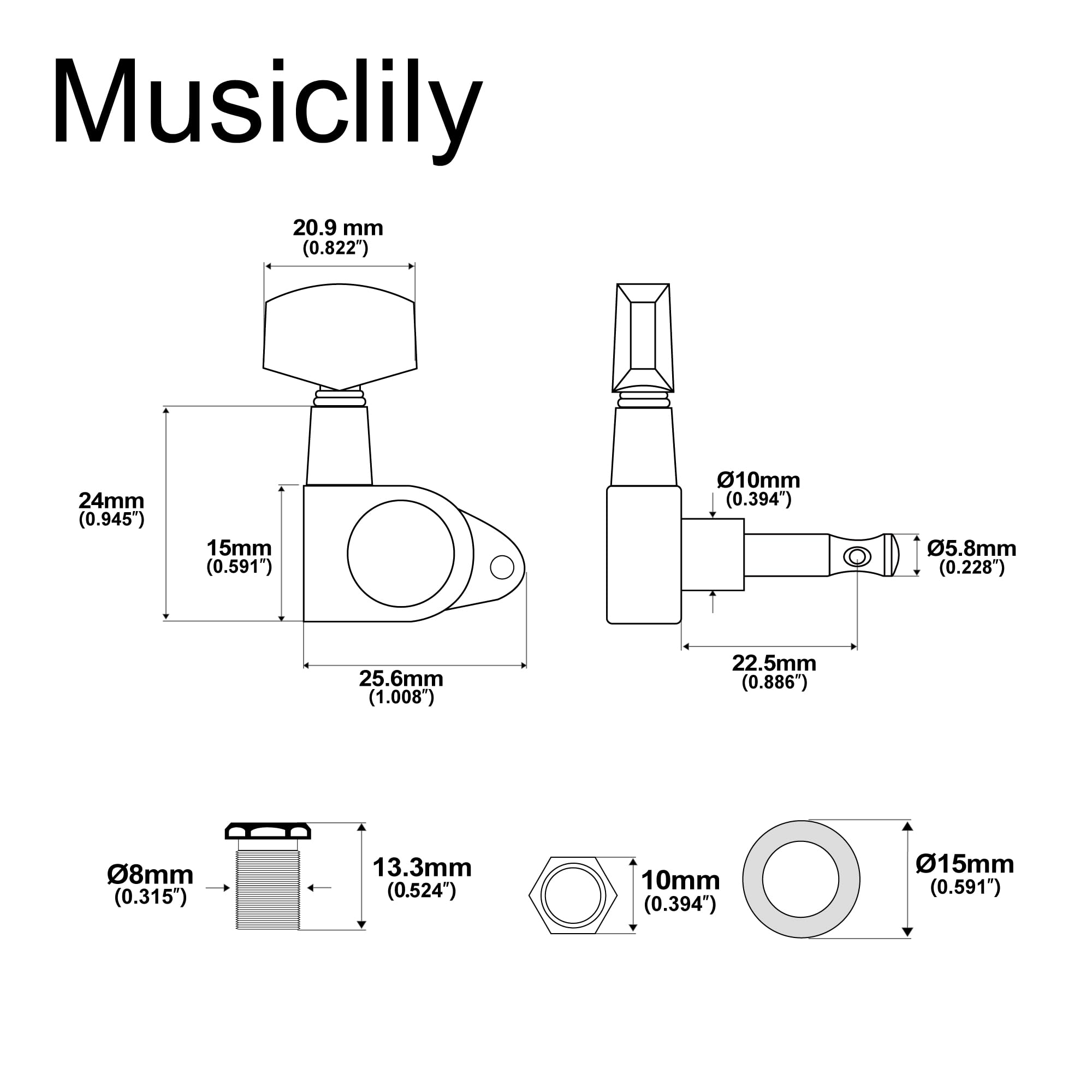 Musiclily Basic 3L+3R Klucze Gitaryowe Tunery Kołki do Strojenia do Gitary Elektrycznej Akustycznej, Chrom Główki Duży
