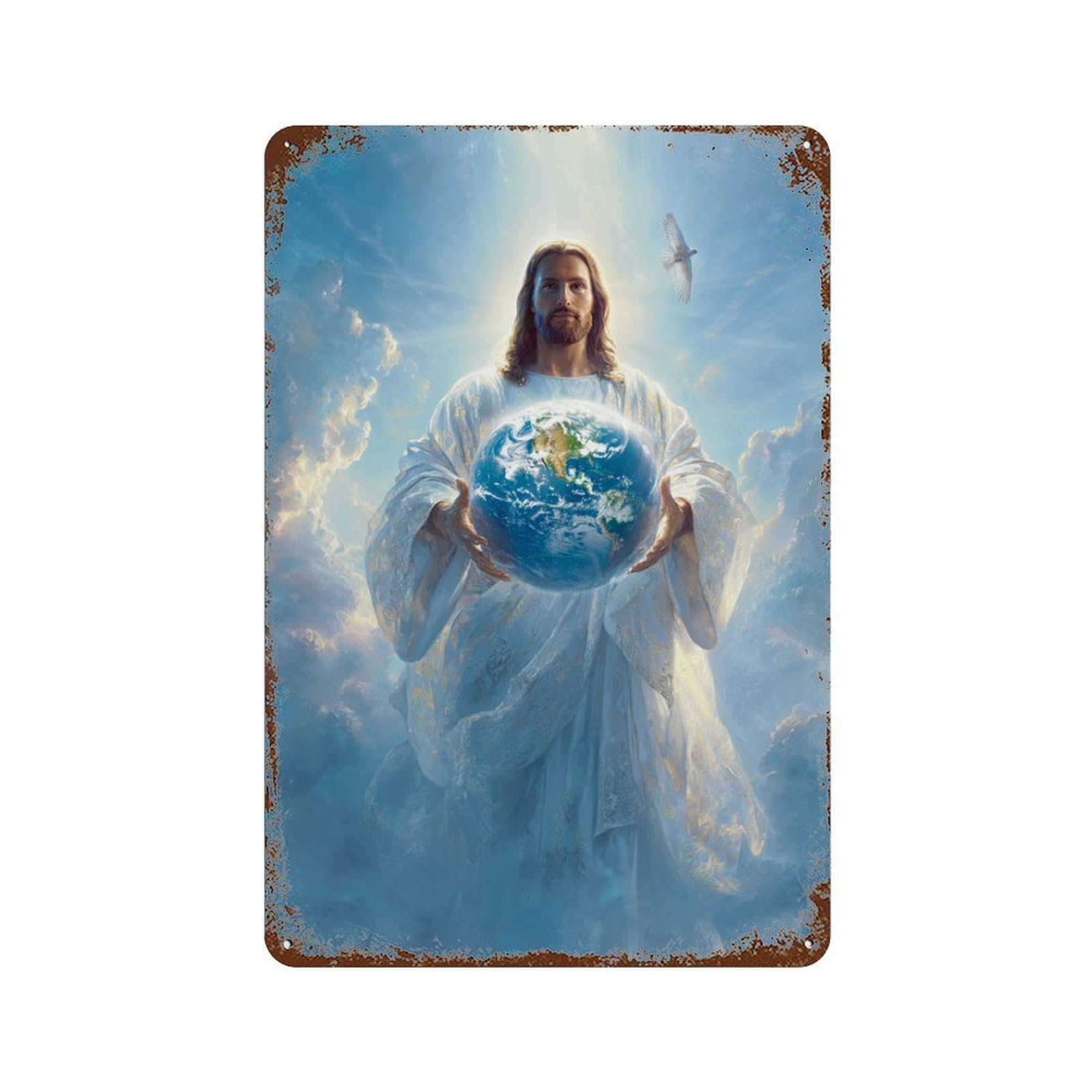 Garage Style Jesus Holding Earth Painting Weathered Tin Sign 11.8"x7.9", Farmhouse Wall Decor for Bar And Workshop