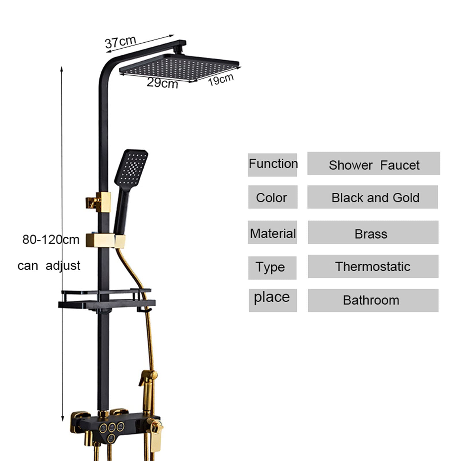 Set Rubinetto Doccia termostatico Nero Dorato, Set Display Digitale con soffione, doccetta, spruzzatore Bidet, beccuccio Vasca, Miscelatore Vasca