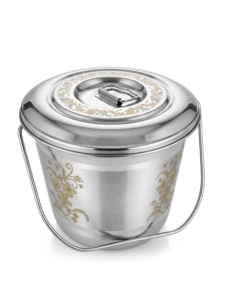 Stainless Steel Bucket with Deep Lid Cover | Floral Design Water Bucket | Durable Rust Resistant Multipurpose Storage Bucket for Home & Kitchen | Size - 5-image-36