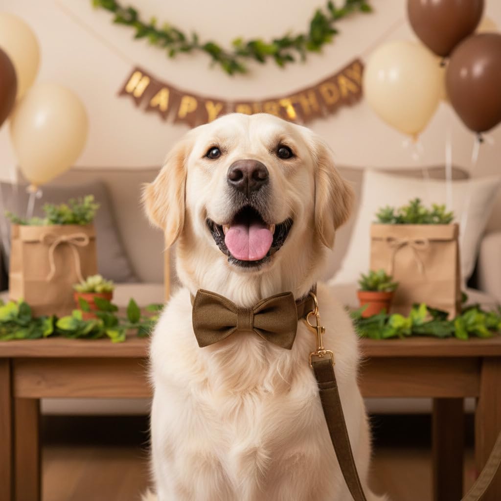 PETDURO PETDURO Custom Dog Collar Personalized with Name Engraved Gold Metal Buckle for Large Medium Small Boy and Girl Dogs - Dog Leash and Bow Tie Set Available - Soft Comfy Velvet (Brown G, L) in use