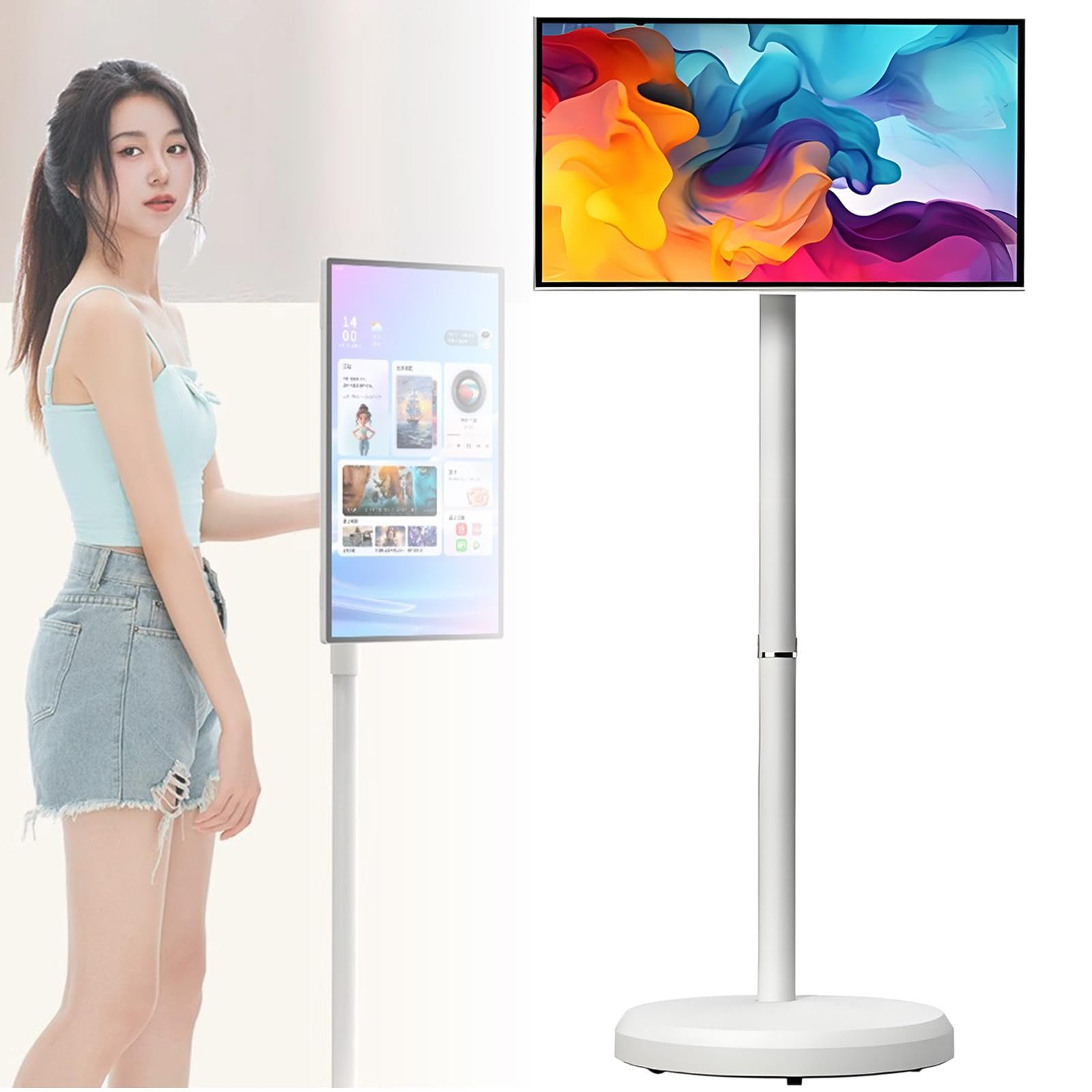 Écran Intelligent Mobile 21.5 Pouces HD sur roulettes, Moniteur Portable, Écran Tactile sans Fil, Android 14, Support Pivotant pour Streaming, Télétravail & Usage Polyvalent White-4+64G