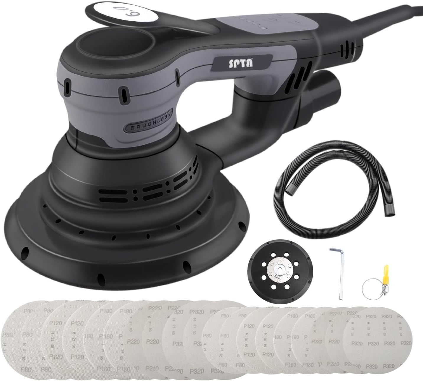 SPTA Electric Random Orbital Sander, Brushless Orbital Sander, with 125 mm/150 mm Sanding Disc, 3 mm Sanding Stroke, 5-Stage Speed Control up to 4,000-10,000 rpm, 20 x Sandpaper. OS603EU