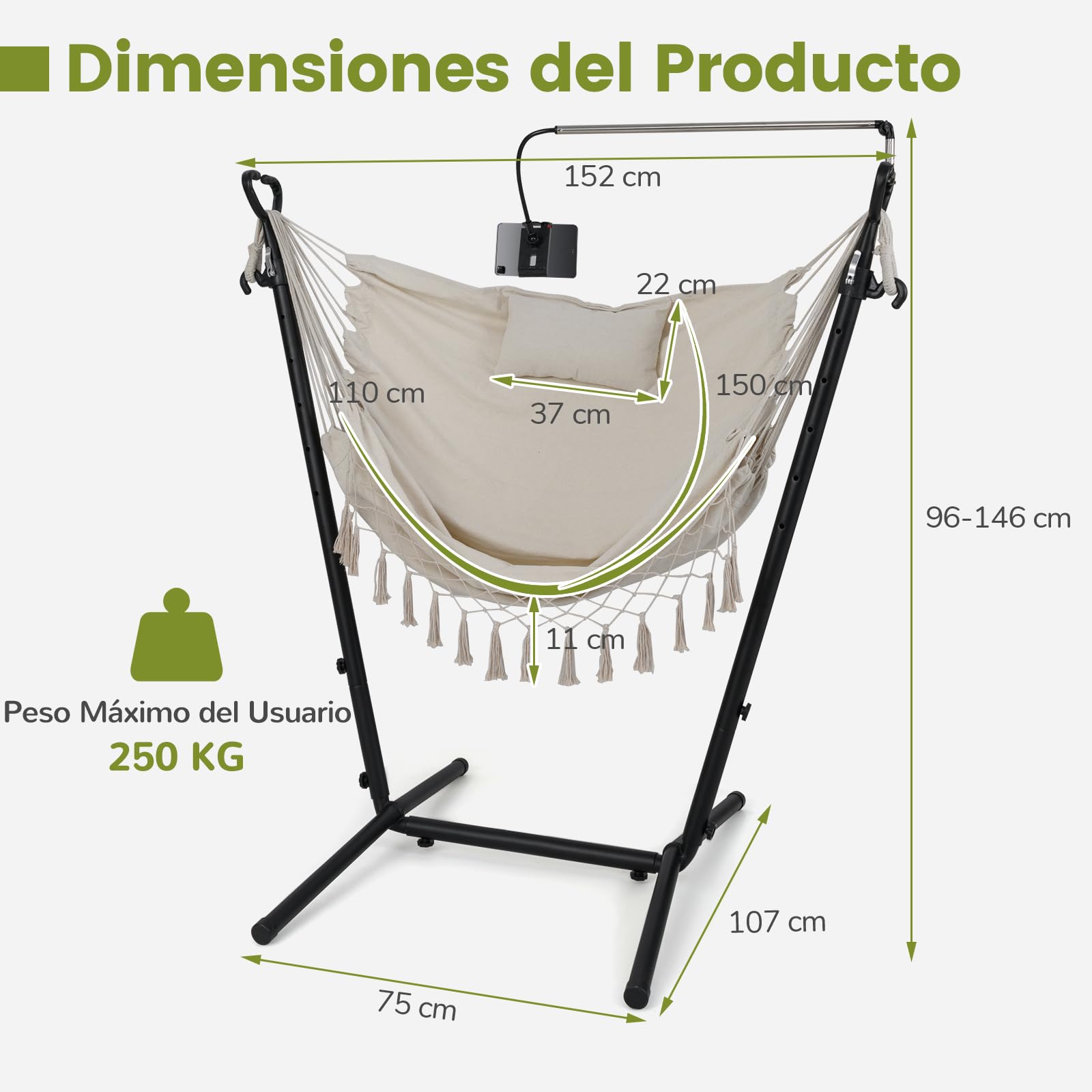 COSTWAY Silla Hamaca con Soporte, Altura Ajustale, Hamaca Jardin Exterior con armazón, Porta Teléfono, Almohada y Bolsillo Lateral, Silla Colgante Interior y Exterior, Máx. 250 KG (Beige)