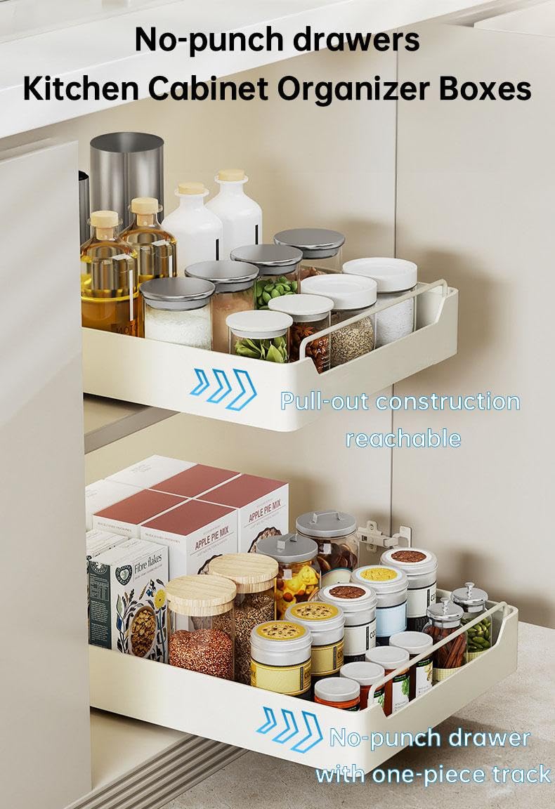 Vankarr Uittrekbare lade voor de keuken, telescopische lade, 2 stuks, lade-organizer, keuken, zonder boren, uittrekbare lade 43 x 25 x 7 cm, eenvoudige installatie, wit