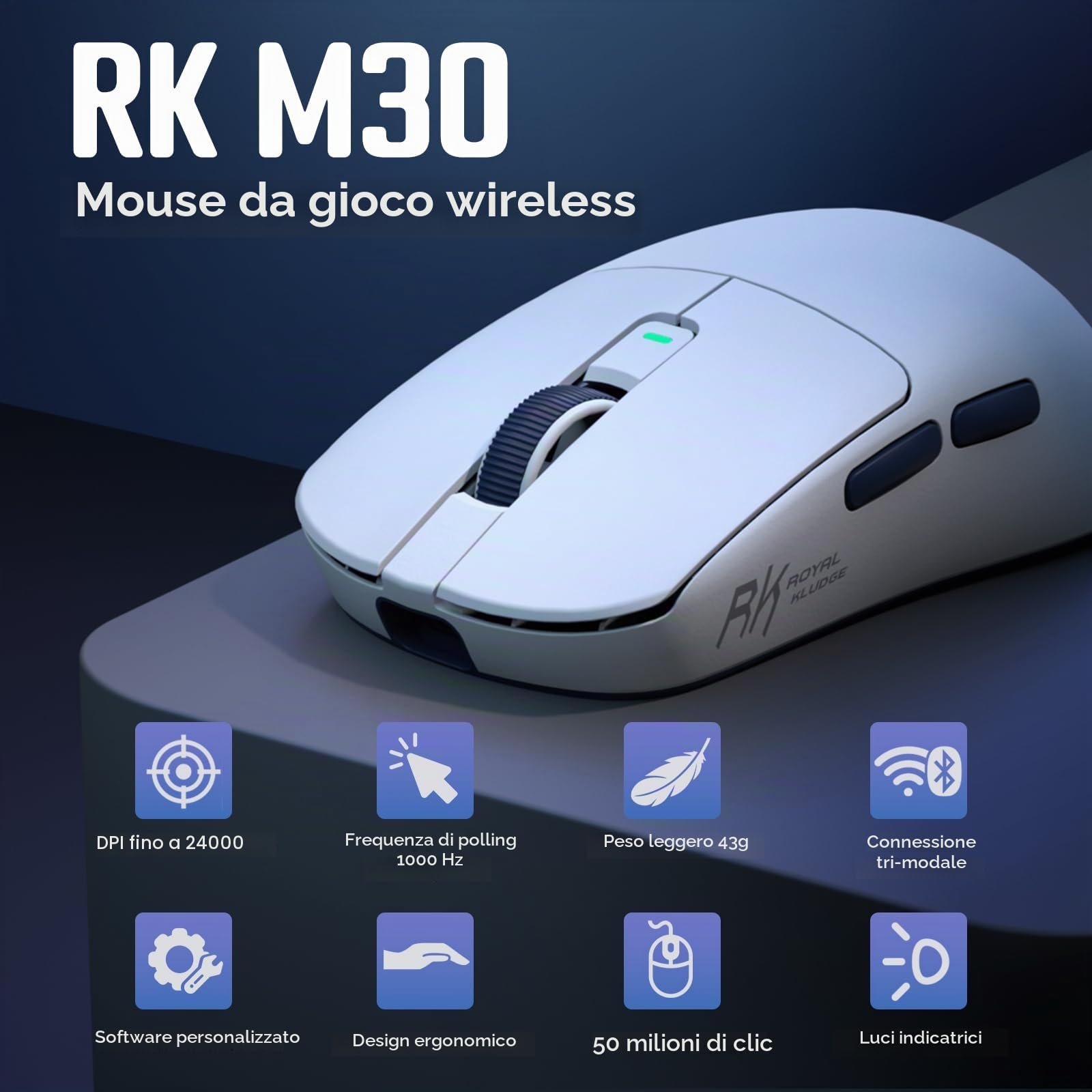 RK ROYAL KLUDGE M30 Mouse Gaming Wireless, 12K DPI, 43g Ultraleggero, BT5.1/2.4G/USB-C, Mouse Ergonomico con Sensore PAW3311, Batteria Ricaricabile 250mAh, 5 Pulsanti Programmabili per PC/Mac, Bianco