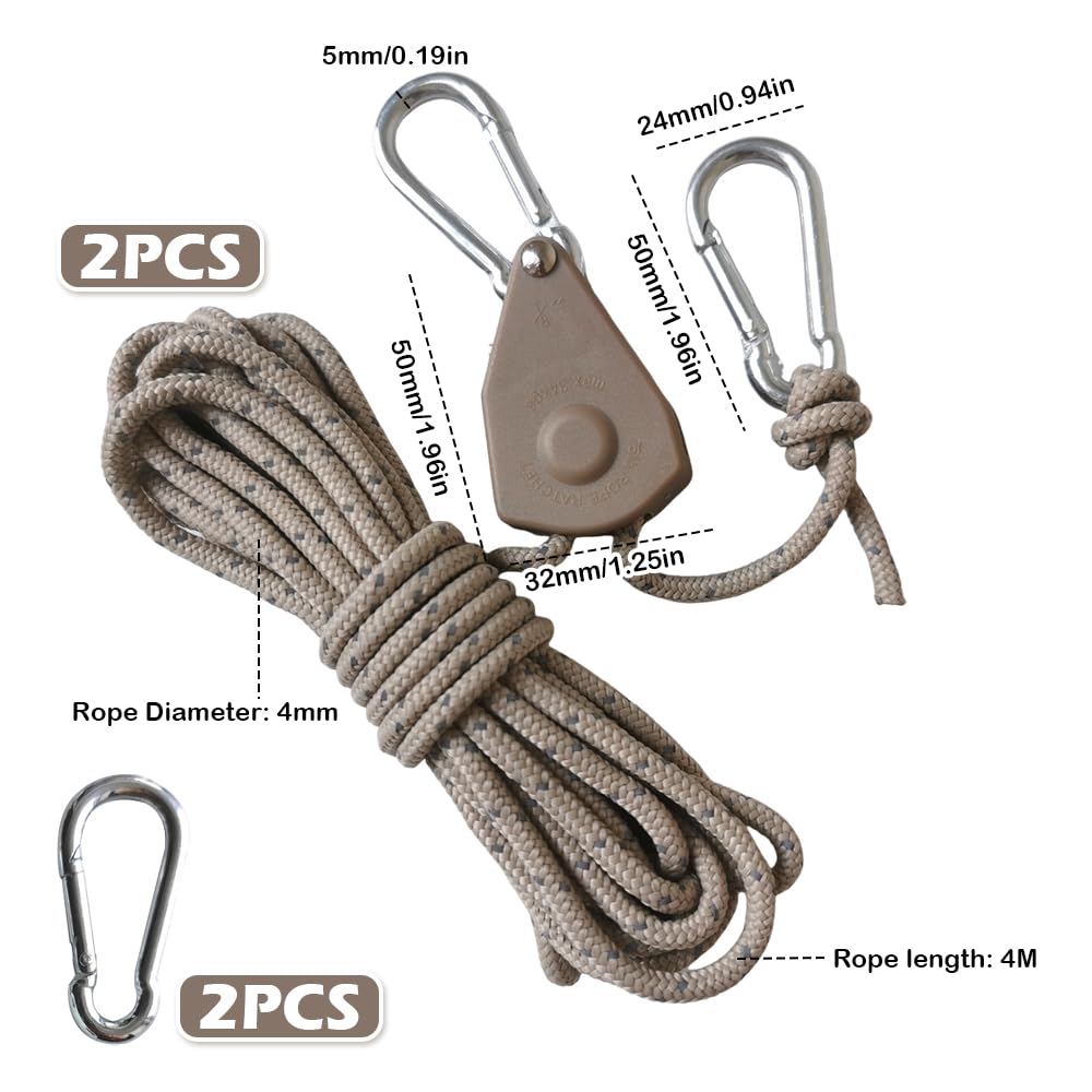 2 Pack 4M Heavy Duty Adjustable Ratchet Rope Hangers, Grow Light Hangers with Metal Snap Hooks & 2 Replacement Hooks - Image 2