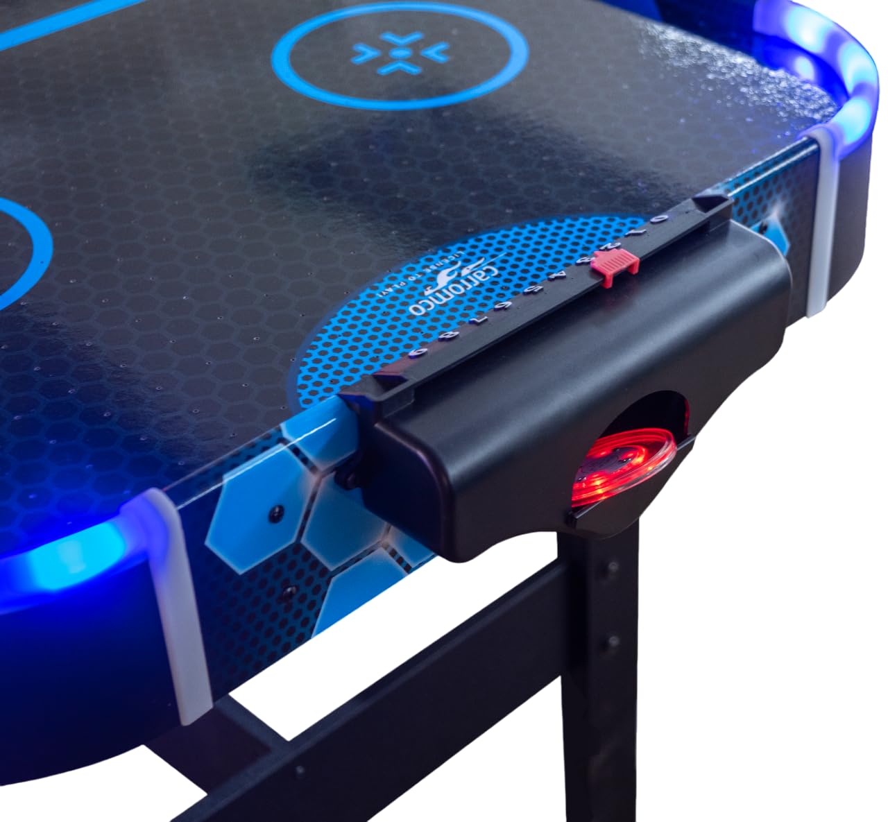 Carromco Aurora-XT Grande Table de Jeu pour Enfants/Adultes avec air 131 x 62 x 79 cm, pour 2 Joueurs à partir de 7 Ans, avec poussoirs et palets de Hockey sur air à LED