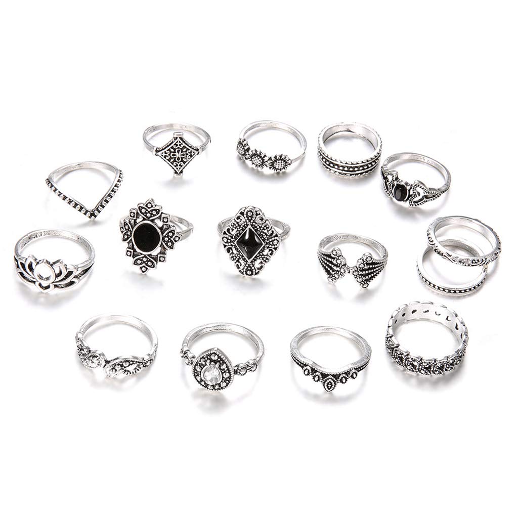 Maxtonser 15Pcs Vintage Silver Joint Knot Rings Set Women Stackable Joint Retro Stone Crystal Stacking Rings
