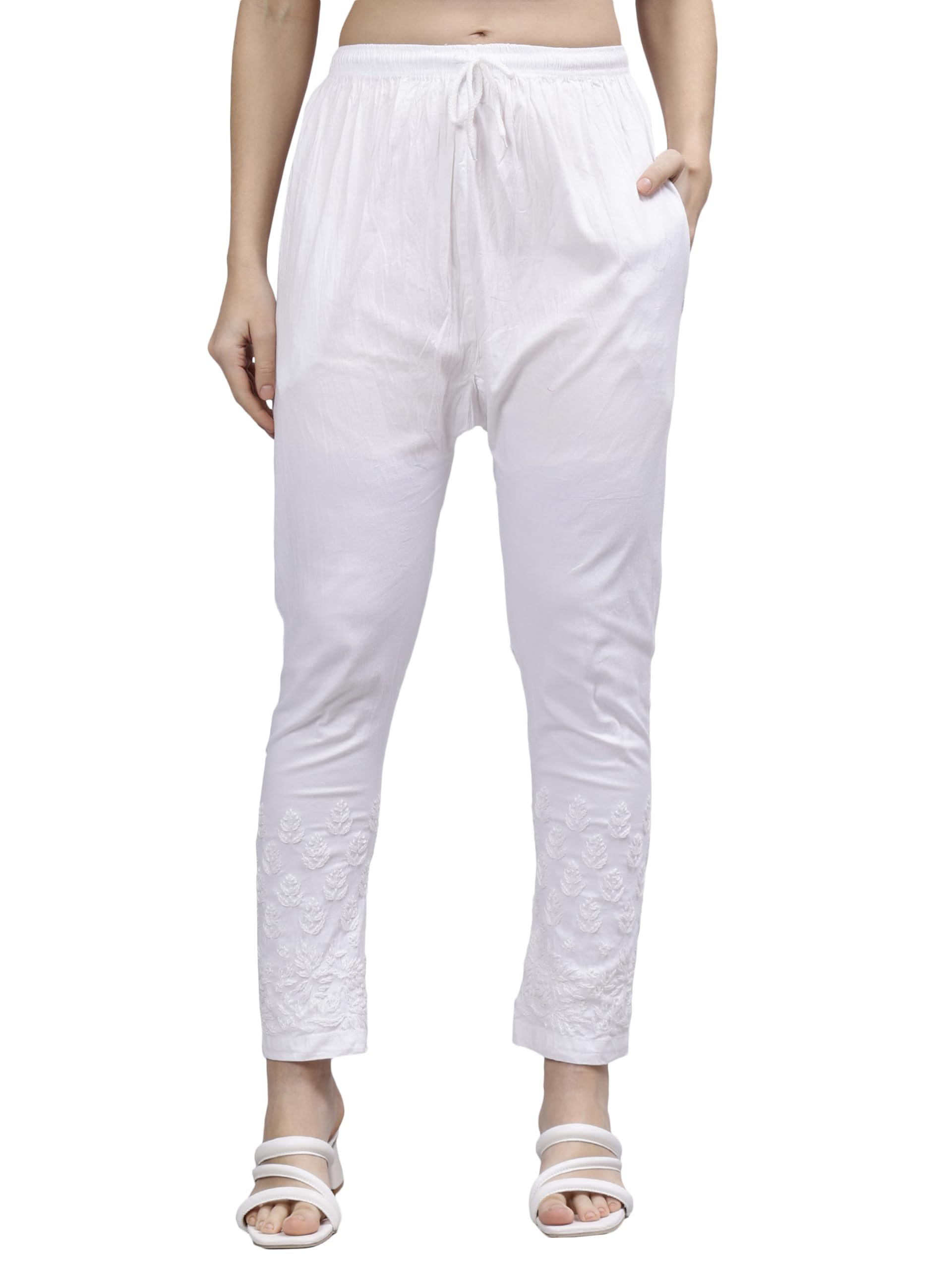 Hand Embroidered Lucknowi Chikankari White Lycra Pant for Women SCL11032