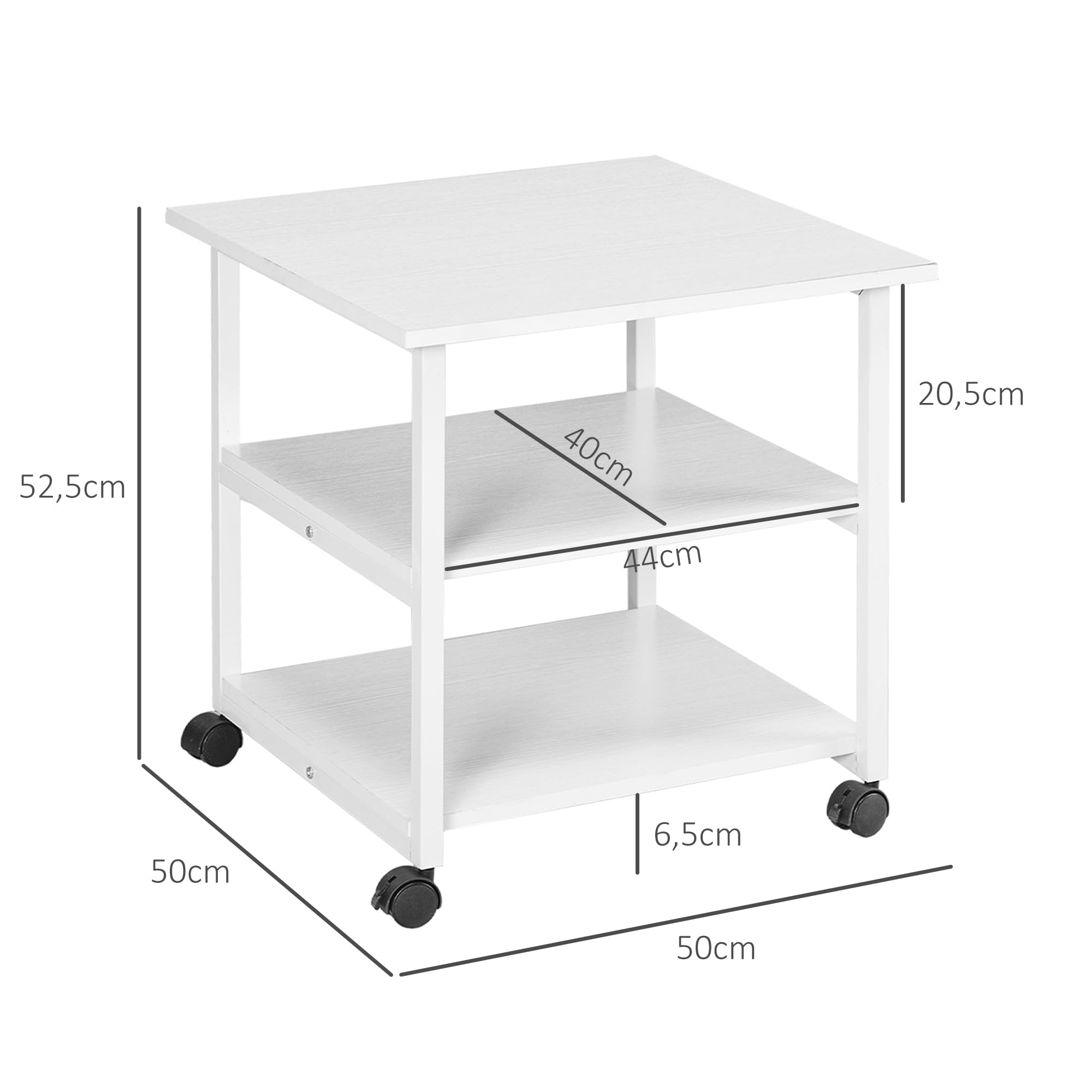HOMCOM Stolik do drukarki z rolką, stojak na drukarkę z 3 poziomami, uchwyt na drukarkę, wózek do drukarki o obciążeniu do 18 kg, do biura, gabinetu, stali, 50 x 50 x 52,5 cm