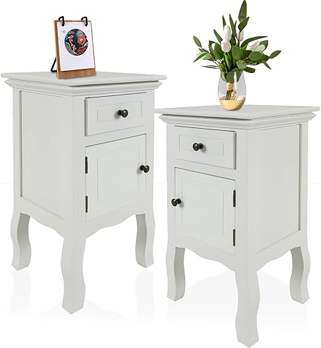 NO MORE TAG Juego de 2 mesitas de noche pequeñas blancas con cajón y armario de almacenamiento mesita de noche pequeña para dormitorio y sala de