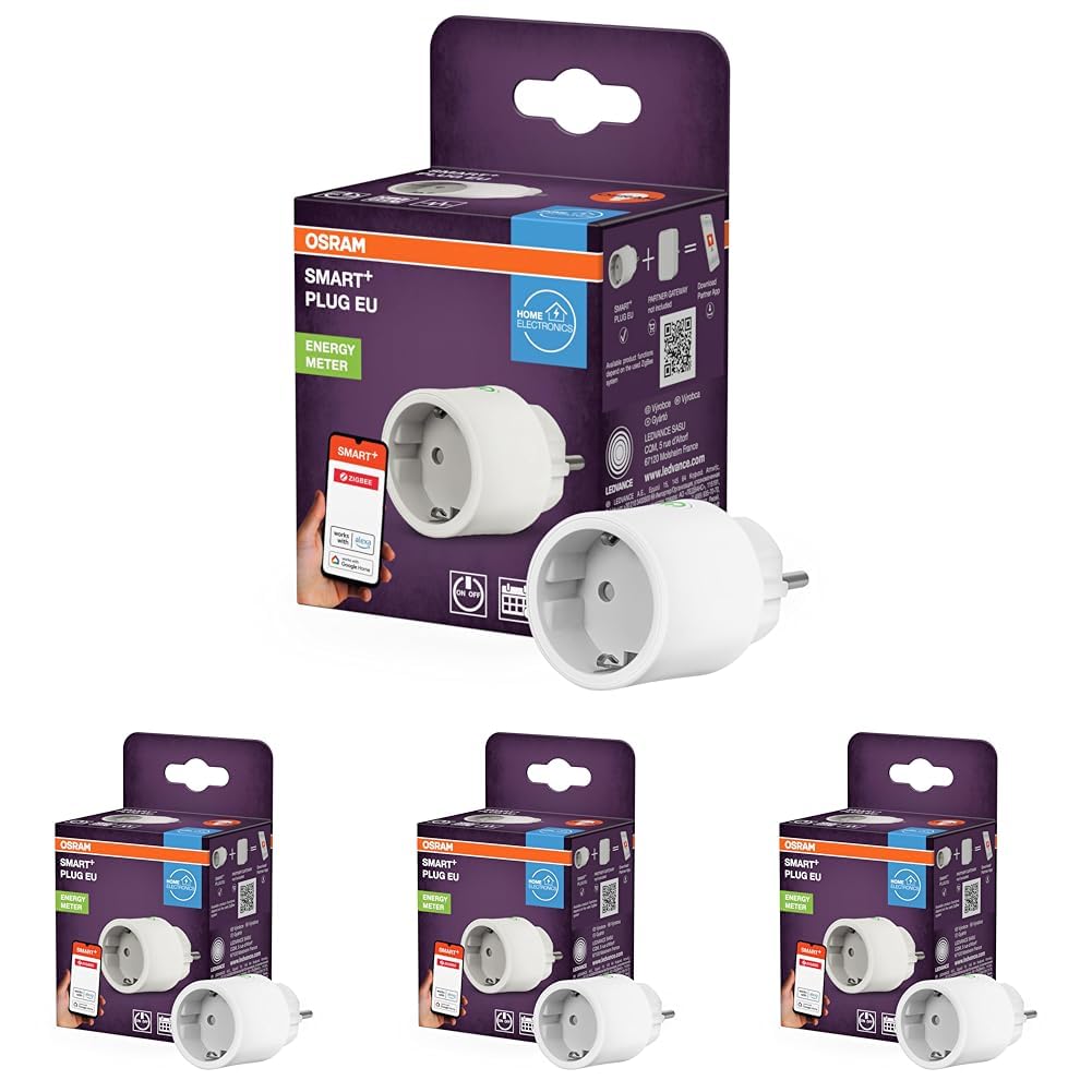 OSRAM SMART+ ZIGBEE EU-Steckdose in Weiß, intelligente Steckdose mit Energieverbrauchskontrolle und ZigBee-Technologie zur Einbindung von elektrischen Geräten ins Smart-Home-System (Packung mit 4)