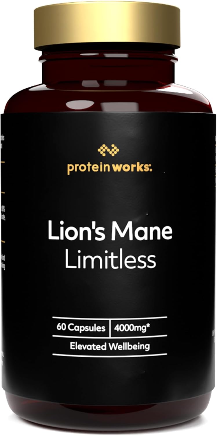 Lion’s Mane Limitless, 4000mg Super Strength Lions Mane Supplement with Vitamin B6, 12:1 Extract, Supports Cognitive Function, Energy & Mental Clarity, 60 Capsules – Protein Works